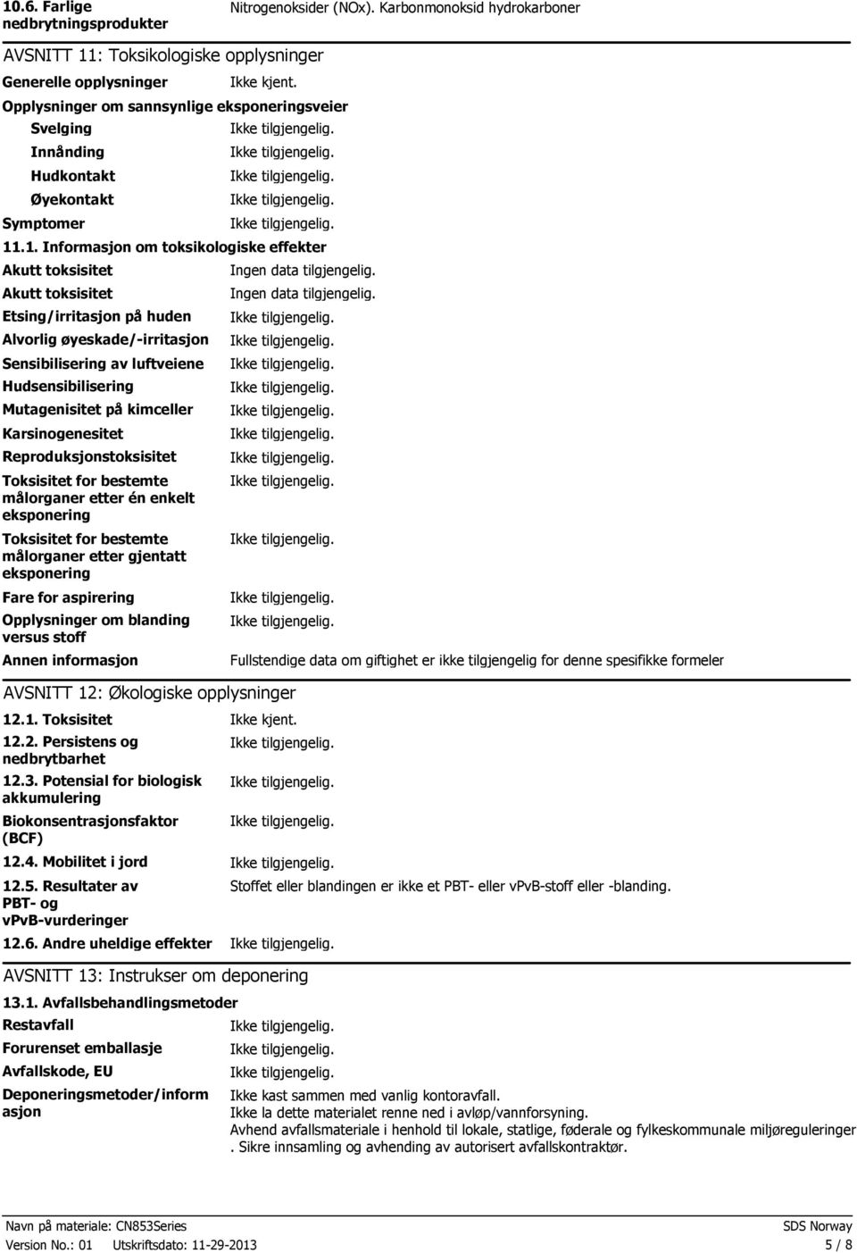 .1. Informasjon om toksikologiske effekter Akutt toksisitet Akutt toksisitet Etsing/irritasjon på huden Ingen data tilgjengelig.