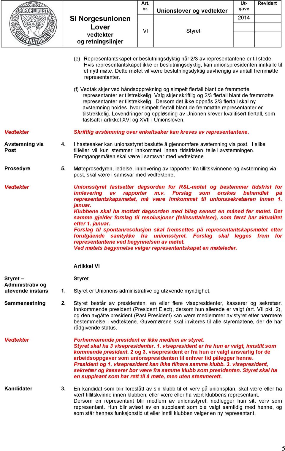 (f) Vedtak skjer ved håndsopprekning og simpelt flertall blant de fremmøtte representanter er tilstrekkelig. Valg skjer skriftlig og 2/3 flertall blant de fremmøtte representanter er tilstrekkelig.