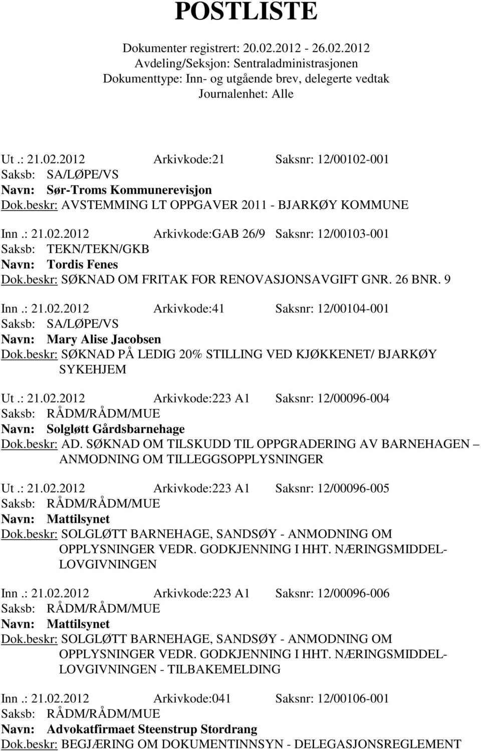 beskr: SØKNAD PÅ LEDIG 20% STILLING VED KJØKKENET/ BJARKØY SYKEHJEM Ut.: 21.02.2012 Arkivkode:223 A1 Saksnr: 12/00096-004 Navn: Solgløtt Gårdsbarnehage Dok.beskr: AD.