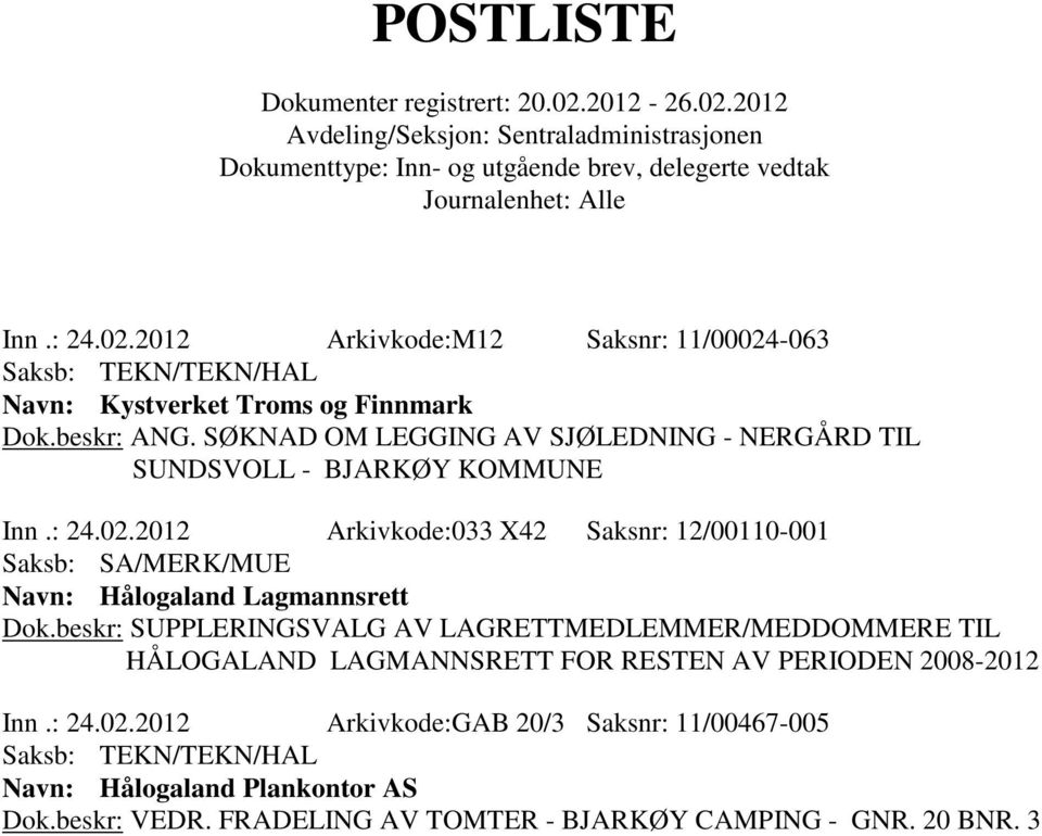 2012 Arkivkode:033 X42 Saksnr: 12/00110-001 Saksb: SA/MERK/MUE Navn: Hålogaland Lagmannsrett Dok.