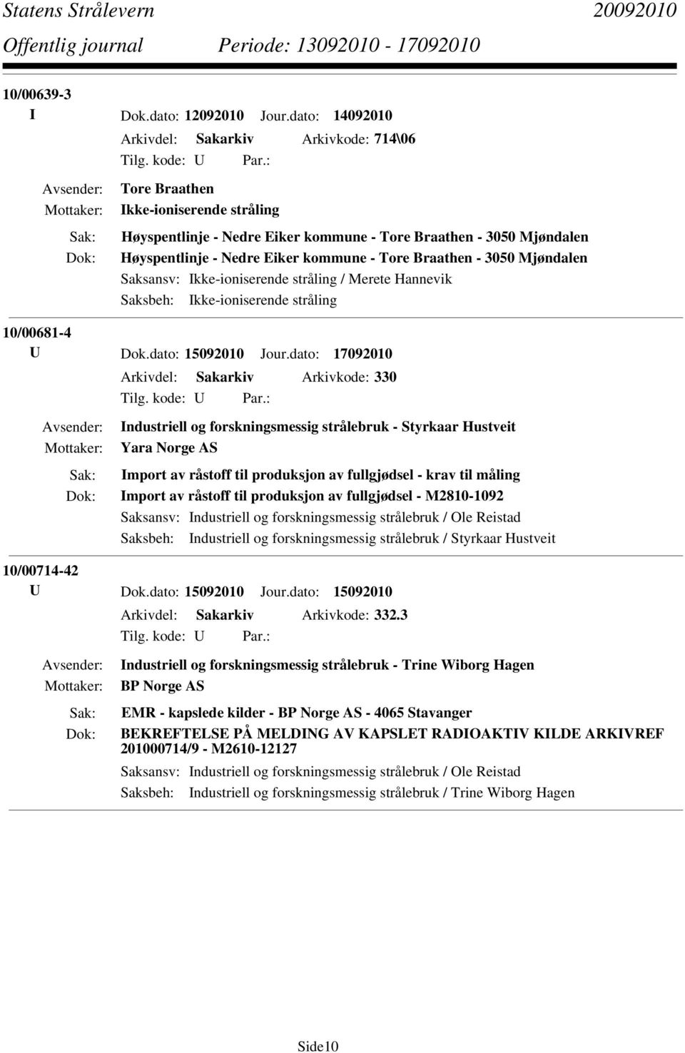 Tore Braathen - 3050 Mjøndalen Saksbeh: Ikke-ioniserende stråling 10/00681-4 U Dok.dato: 15092010 Jour.