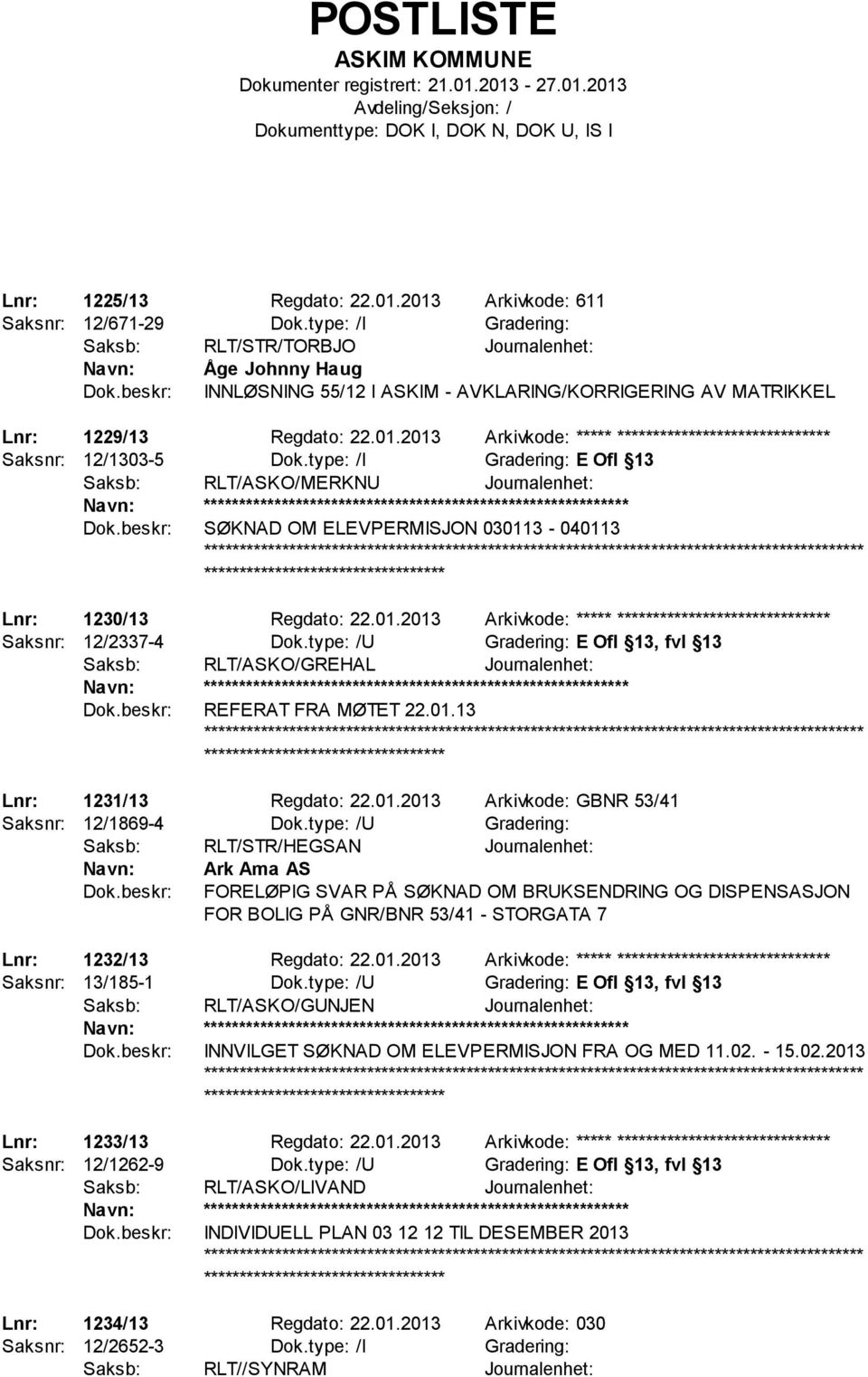 2013 Arkivkode: ***** ****************************** Saksnr: 12/1303-5 Dok.