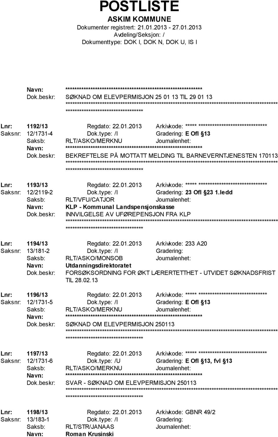 3 Lnr: 1193/13 Regdato: 22.01.2013 Arkivkode: ***** ****************************** Saksnr: 12/2119-2 Dok.type: /I Gradering: 23 Ofl 23 1.