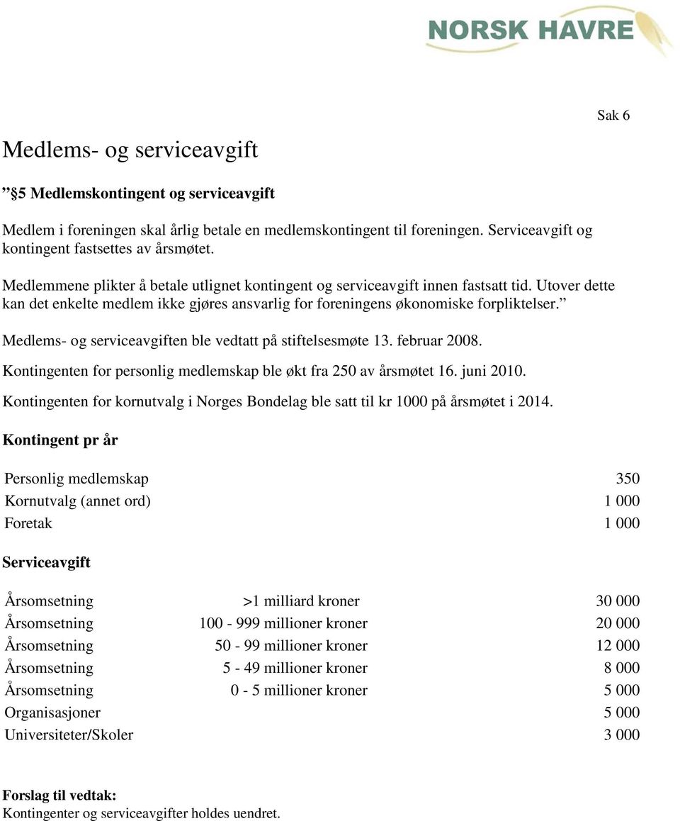 Medlems- og serviceavgiften ble vedtatt på stiftelsesmøte 13. februar 2008. Kontingenten for personlig medlemskap ble økt fra 250 av årsmøtet 16. juni 2010.