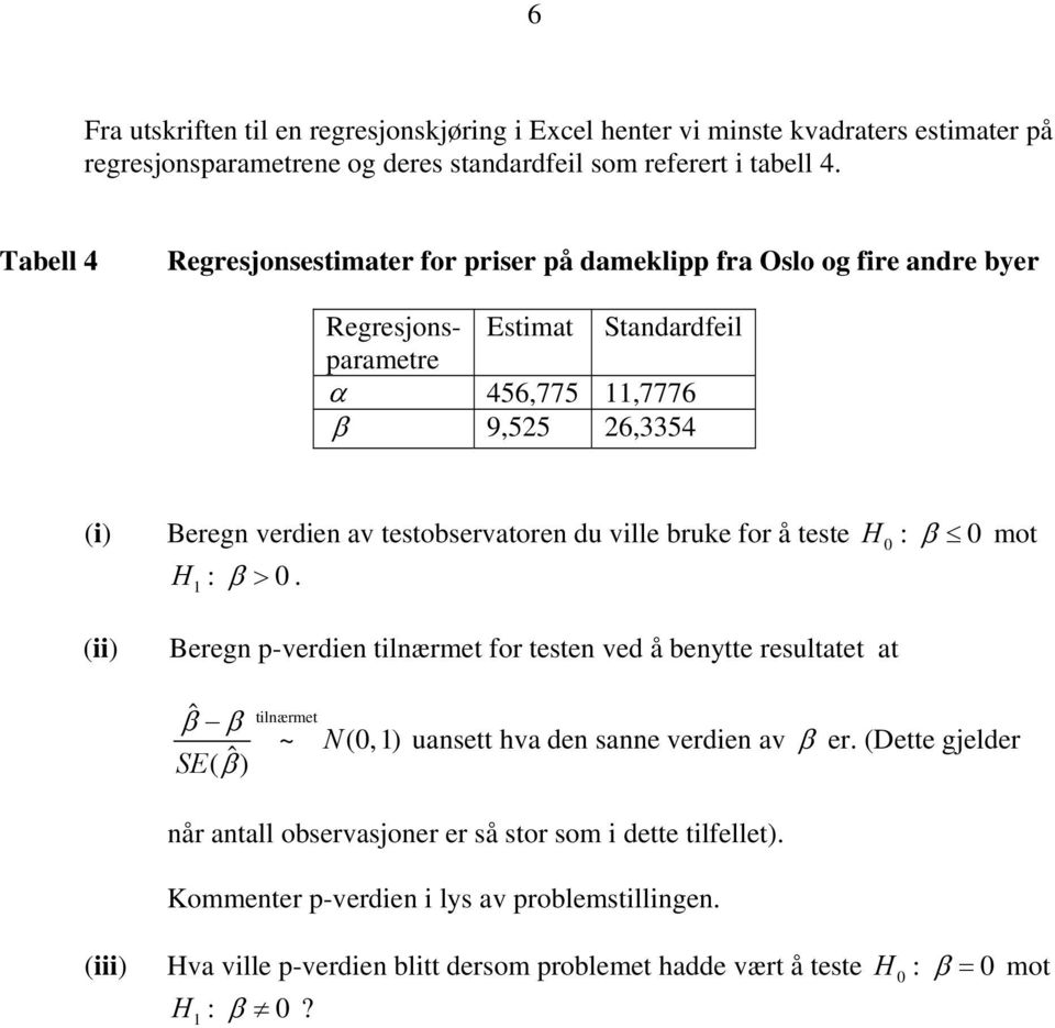 testobservatore du ville bruke for å teste H : β 0 mot 0 H : β > 0.