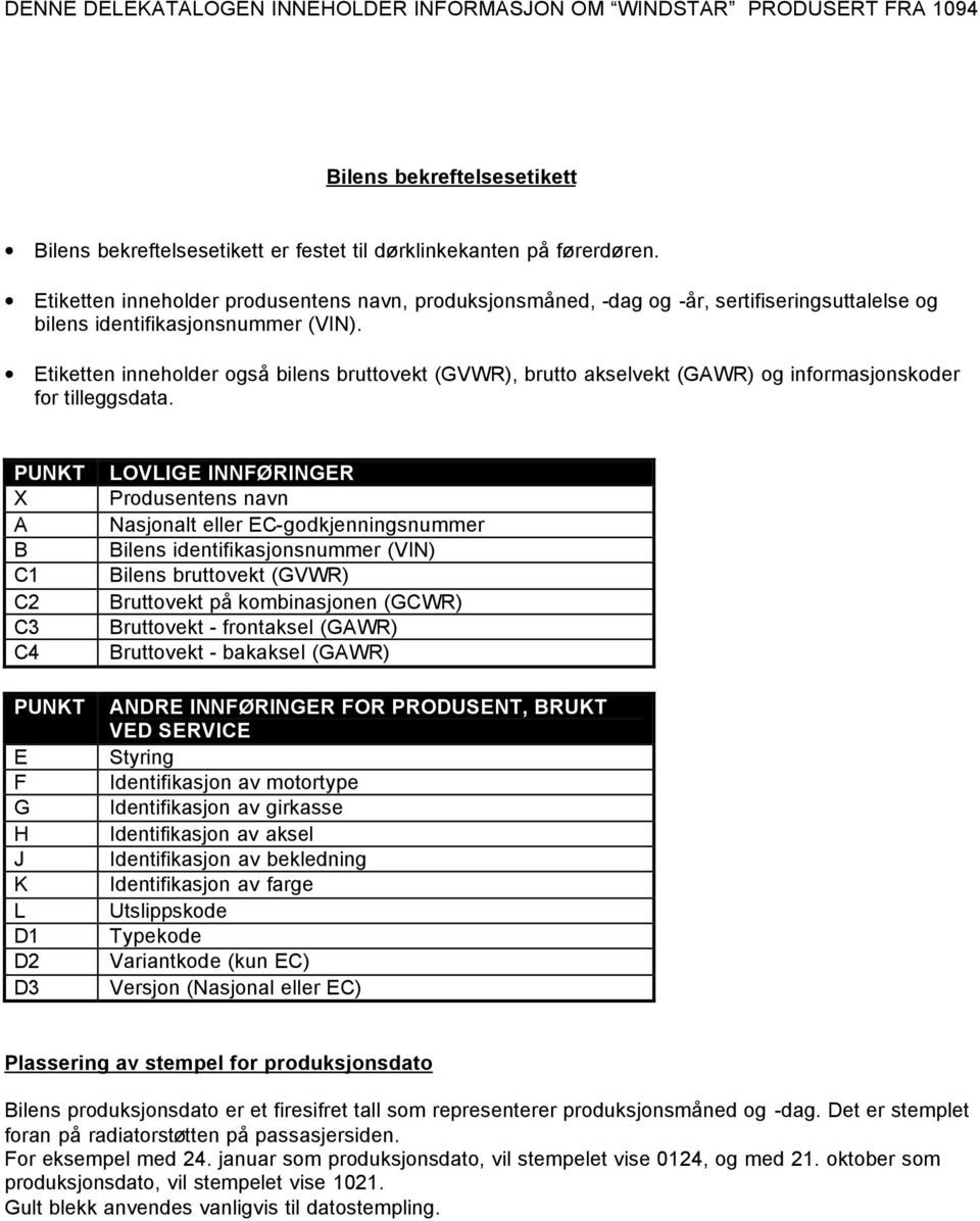 Etiketten inneholder også bilens bruttovekt (GVWR), brutto akselvekt (GAWR) og informasjonskoder for tilleggsdata.