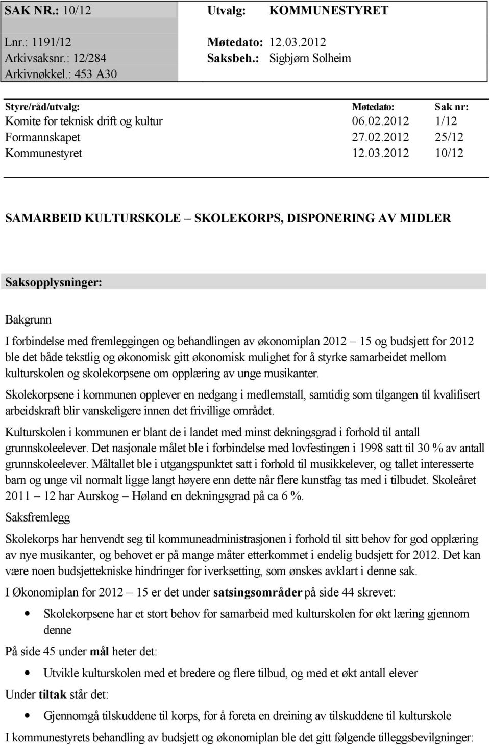 2012 10/12 SAMARBEID KULTURSKOLE SKOLEKORPS, DISPONERING AV MIDLER Saksopplysninger: Bakgrunn I forbindelse med fremleggingen og behandlingen av økonomiplan 2012 15 og budsjett for 2012 ble det både