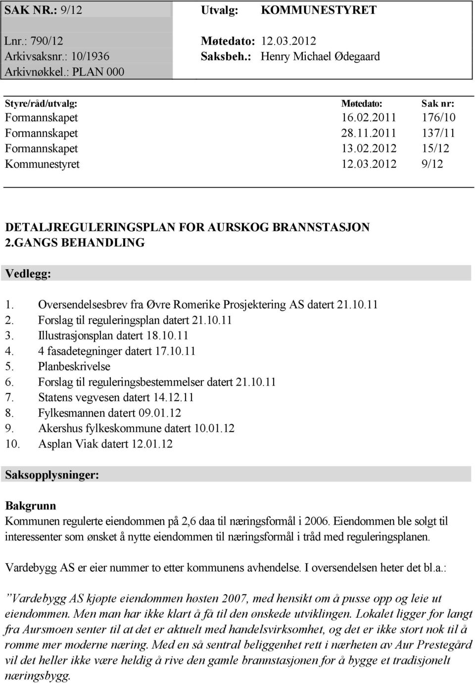 2012 9/12 DETALJREGULERINGSPLAN FOR AURSKOG BRANNSTASJON 2.GANGS BEHANDLING Vedlegg: 1. Oversendelsesbrev fra Øvre Romerike Prosjektering AS datert 21.10.11 2. Forslag til reguleringsplan datert 21.