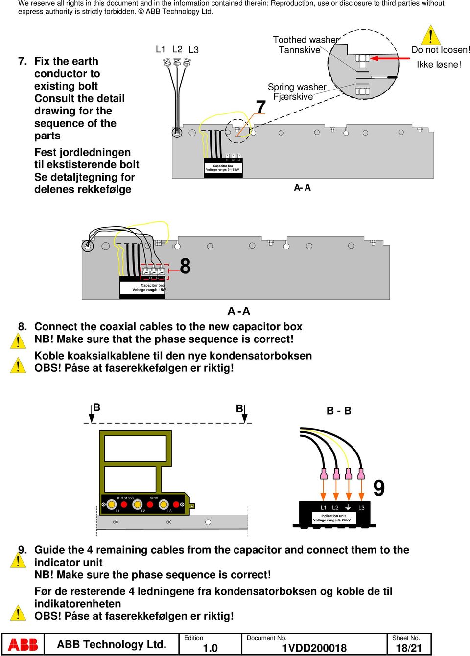 Make sure that the phase sequence is correct! Koble koaksialkablene til den nye kondensatorboksen OBS! Påse at faserekkefølgen er riktig!