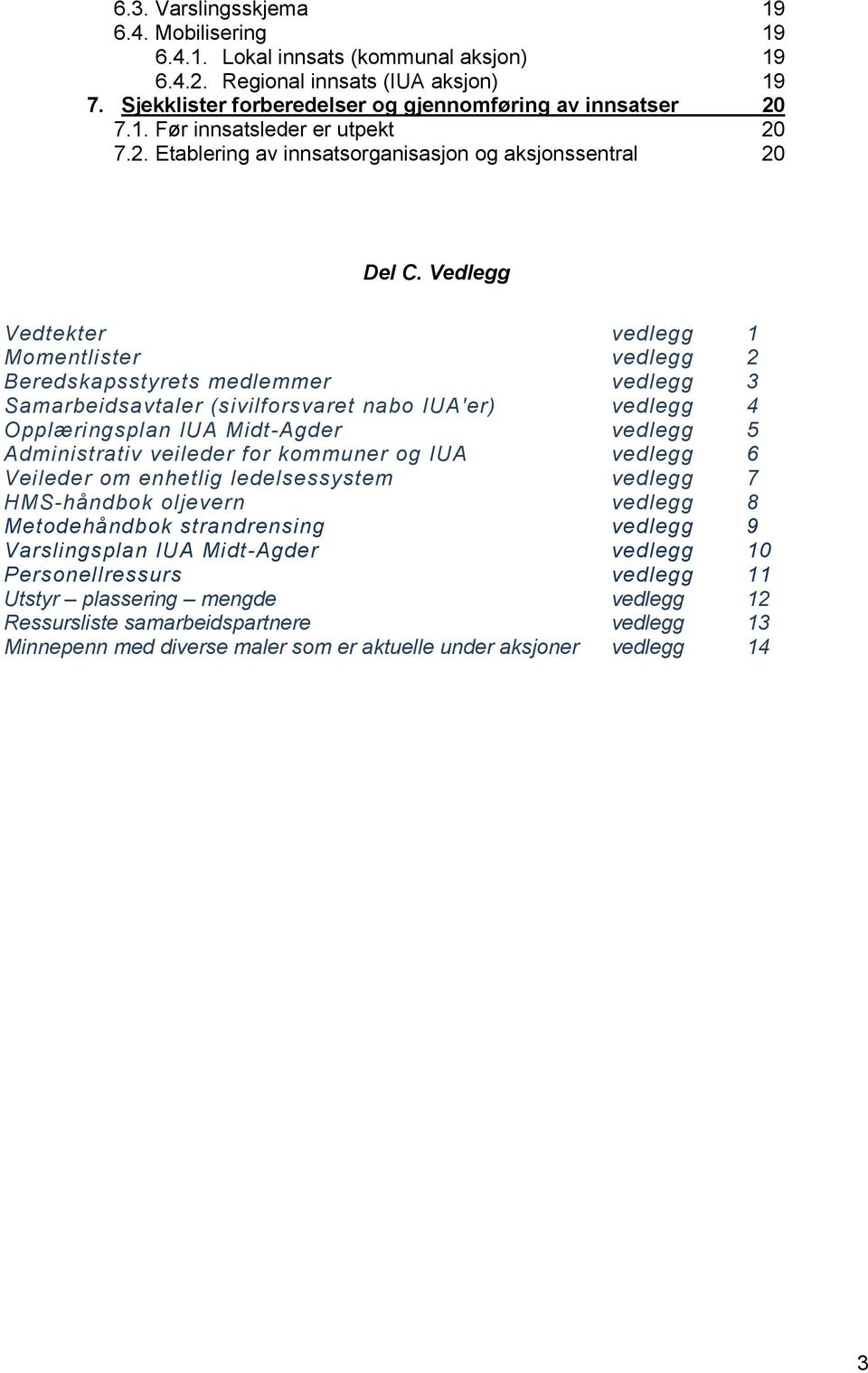 Vedlegg Vedtekter vedlegg 1 Momentlister vedlegg 2 Beredskapsstyrets medlemmer vedlegg 3 Samarbeidsavtaler (sivilforsvaret nabo IUA'er) vedlegg 4 Opplæringsplan IUA Midt-Agder vedlegg 5 Administrativ