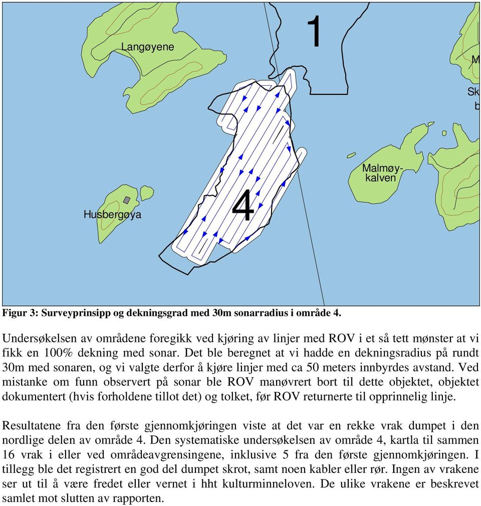 Det ble beregnet at vi hadde en dekningsradius på rundt 30m med sonaren, og vi valgte derfor å kjøre linjer med ca 50 meters innbyrdes avstand.