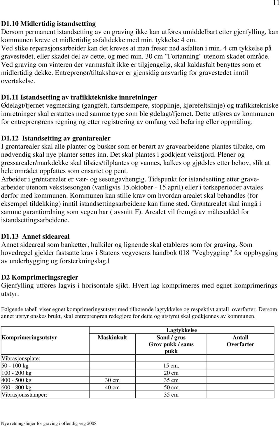 Ved graving om vinteren der varmasfalt ikke er tilgjengelig, skal kaldasfalt benyttes som et midlertidig dekke. Entreprenør/tiltakshaver er gjensidig ansvarlig for gravestedet inntil overtakelse. D1.