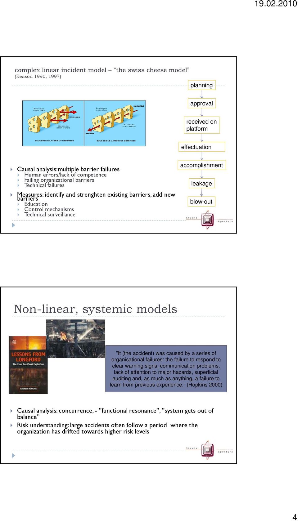 blow-out Non-linear, systemic models It (the accident) was caused by a series of organisational failures: the failure to respond to clear warning signs, communication problems, lack of attention to