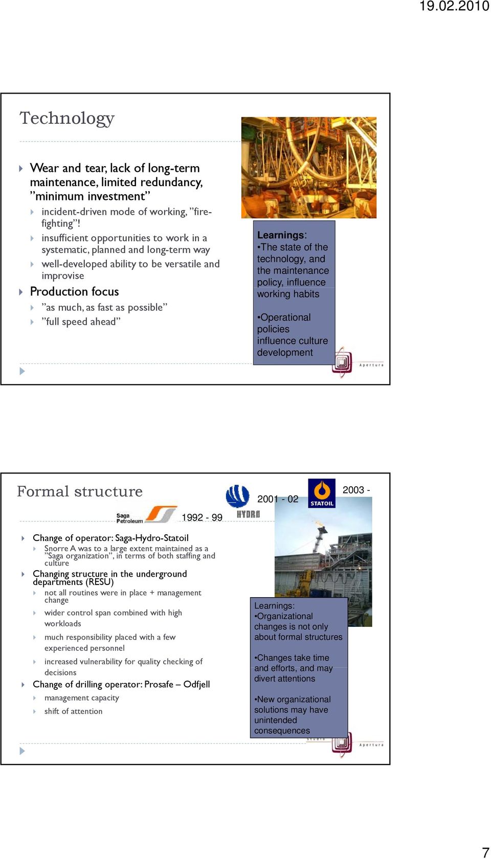 Learnings: The state of the technology, and the maintenance policy, influence working habits Operational policies influence culture development Formal structure 1992-99 2001-02 2003 - Change of