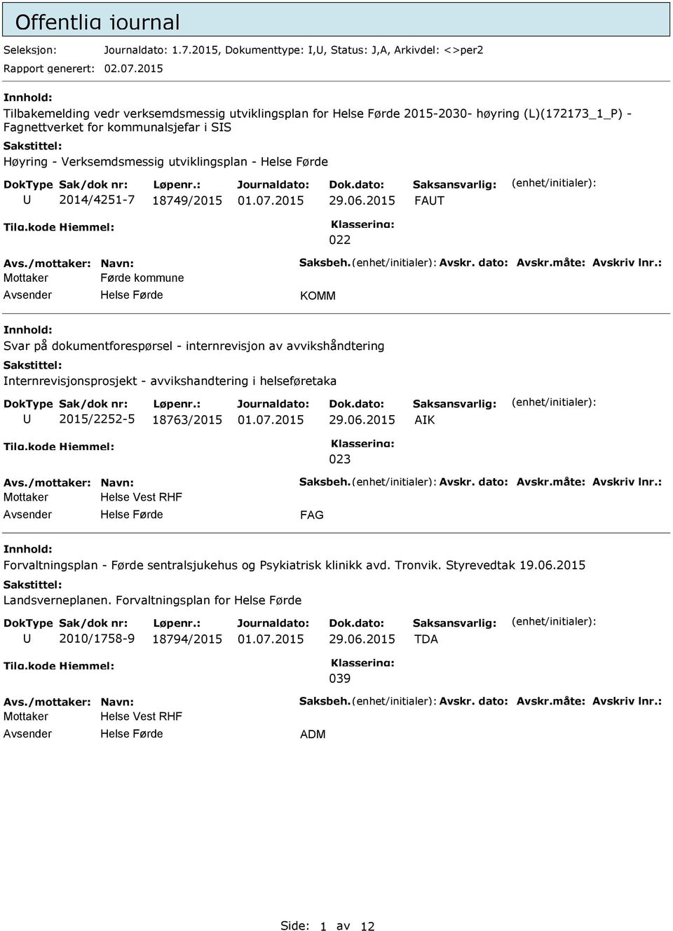 2014/4251-7 18749/2015 FAT 022 Mottaker Førde kommune KOMM Svar på dokumentforespørsel - internrevisjon av avvikshåndtering nternrevisjonsprosjekt - avvikshandtering i helseføretaka