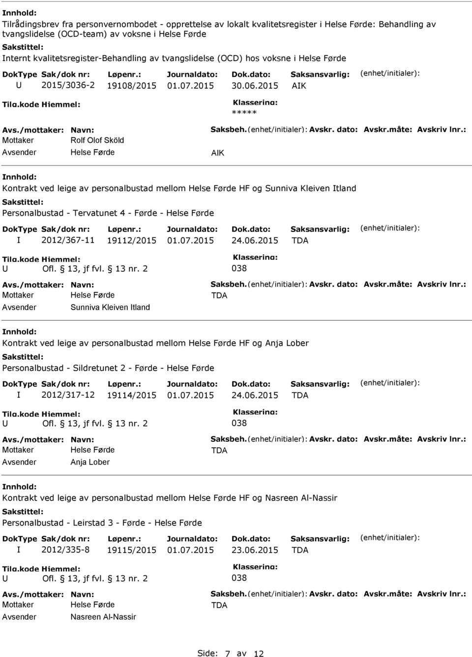 2015 AK ***** Mottaker Rolf Olof Sköld AK Kontrakt ved leige av personalbustad mellom HF og Sunniva Kleiven tland Personalbustad - Tervatunet 4 - Førde - 2012/367-11 19112/2015 24.06.2015 Ofl.