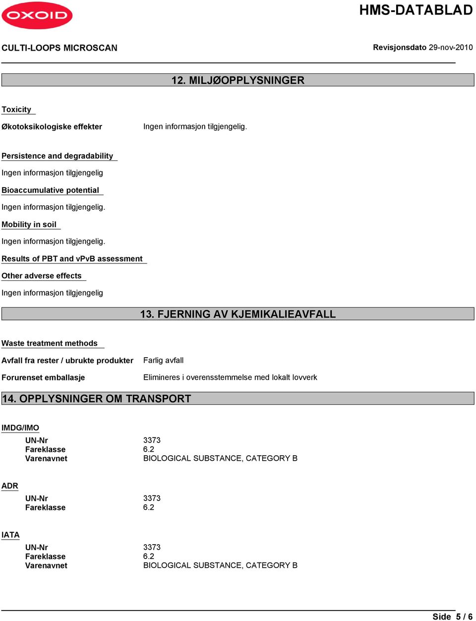 FJERNING AV KJEMIKALIEAVFALL Waste treatment methods Avfall fra rester / ubrukte produkter Forurenset emballasje Farlig avfall Elimineres i