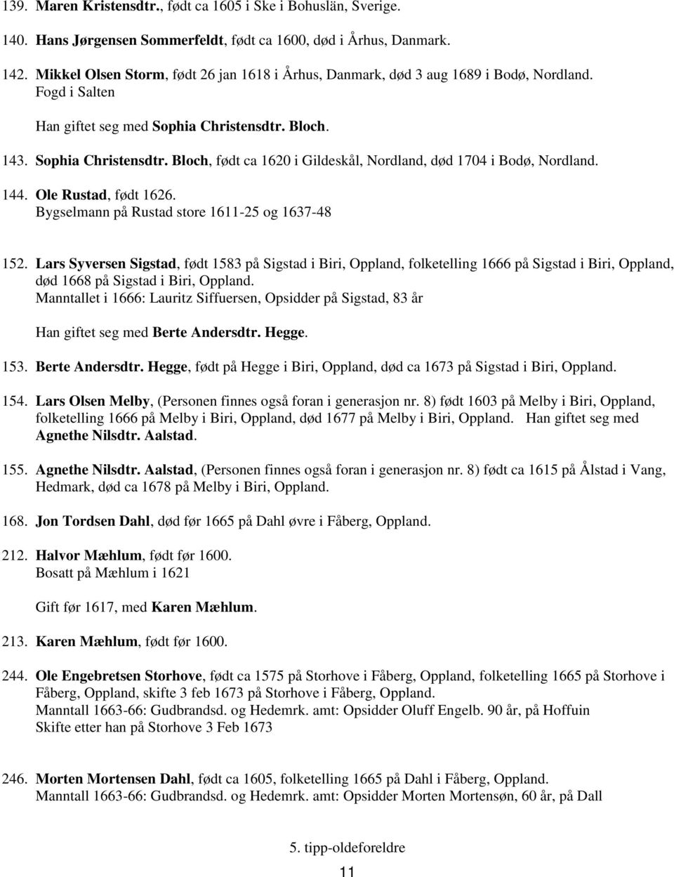 Bloch. 143. Sophia Christensdtr. Bloch, født ca 1620 i Gildeskål, Nordland, død 1704 i Bodø, Nordland. 144. Ole Rustad, født 1626. Bygselmann på Rustad store 1611-25 og 1637-48 152.