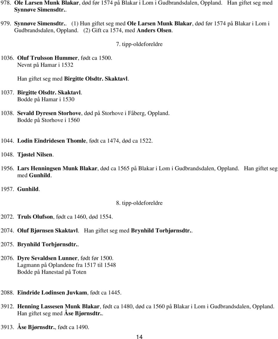 Oluf Trulsson Hummer, født ca 1500. Nevnt på Hamar i 1532 Han giftet seg med Birgitte Olsdtr. Skaktavl. 1037. Birgitte Olsdtr. Skaktavl. Bodde på Hamar i 1530 7. tipp-oldeforeldre 1038.