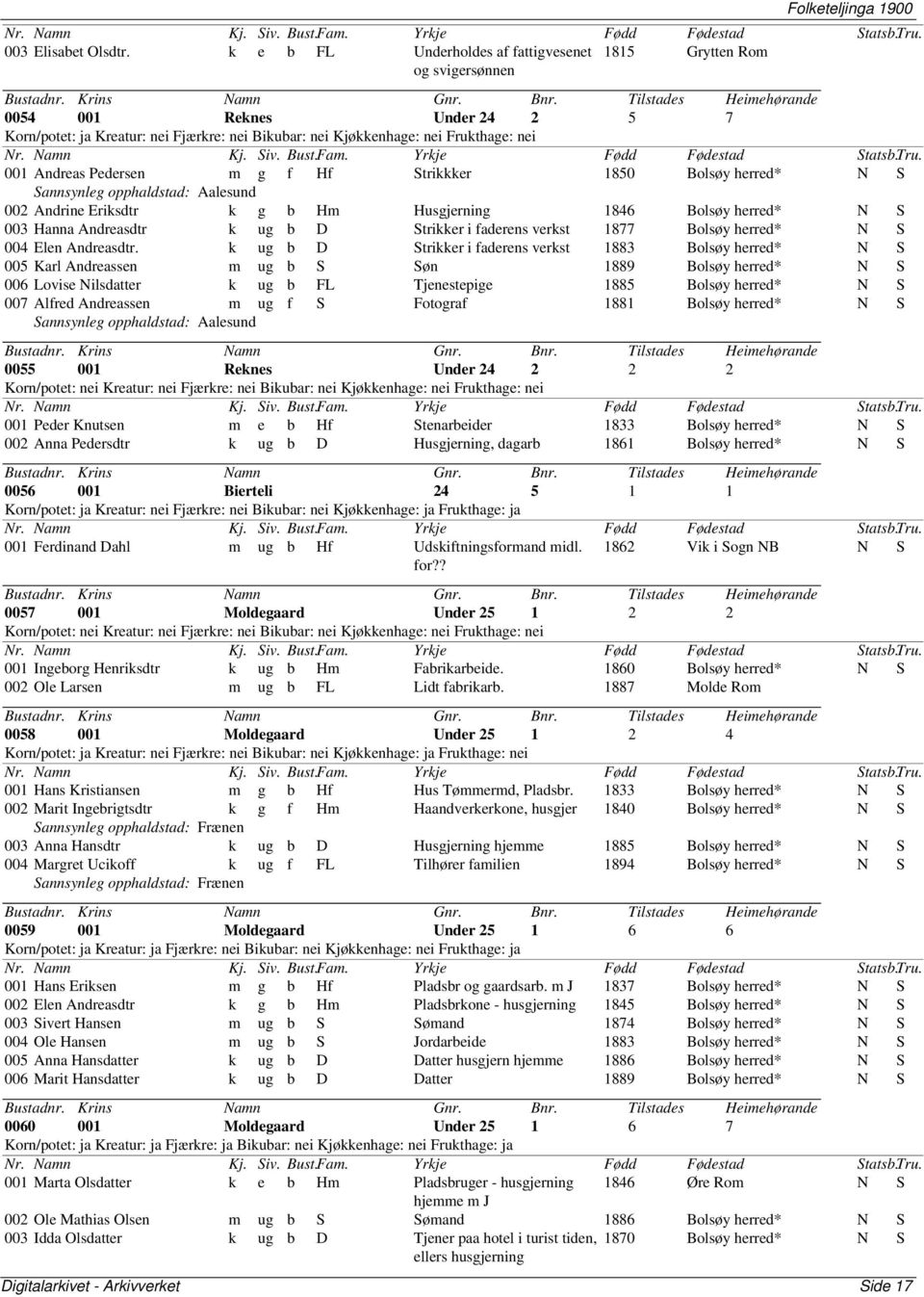 Pedersen m g f Hf Strikkker 1850 Bolsøy herred* N S Sannsynleg opphaldstad: Aalesund 002 Andrine Eriksdtr k g b Hm Husgjerning 1846 Bolsøy herred* N S 003 Hanna Andreasdtr k ug b D Strikker i