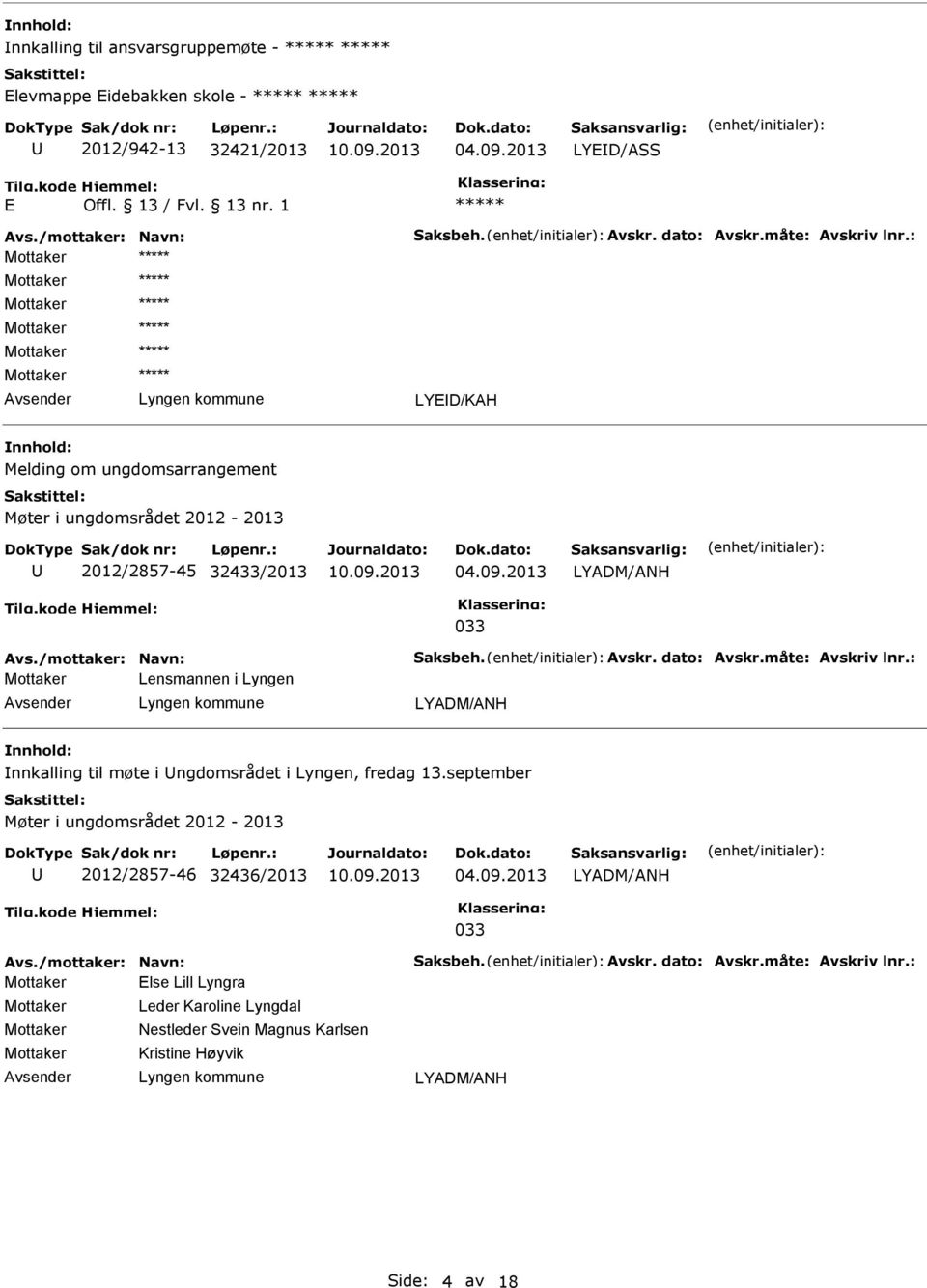 1 LYED/KAH Melding om ungdomsarrangement Møter i ungdomsrådet 2012-2013 2012/2857-45 32433/2013 033 Lensmannen i