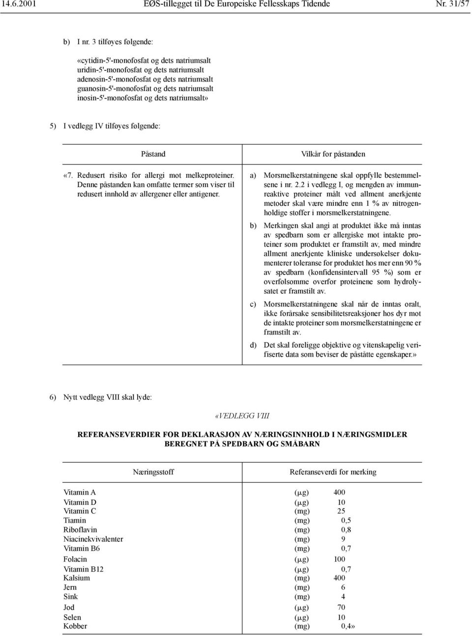 inosin-5'-monofosfat og dets natriumsalt» 5) I vedlegg IV tilføyes følgende: Påstand «7. Redusert risiko for allergi mot melkeproteiner.