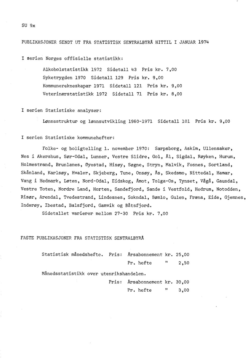 8,00 serien Statistiske analyser: Lønnsstruktur og lønnsutvikling 1960-1971 Sidetall 101 Pris kr. 9,00 I serien Statistiske kommunehefter: Folke- og boligtelling 1.