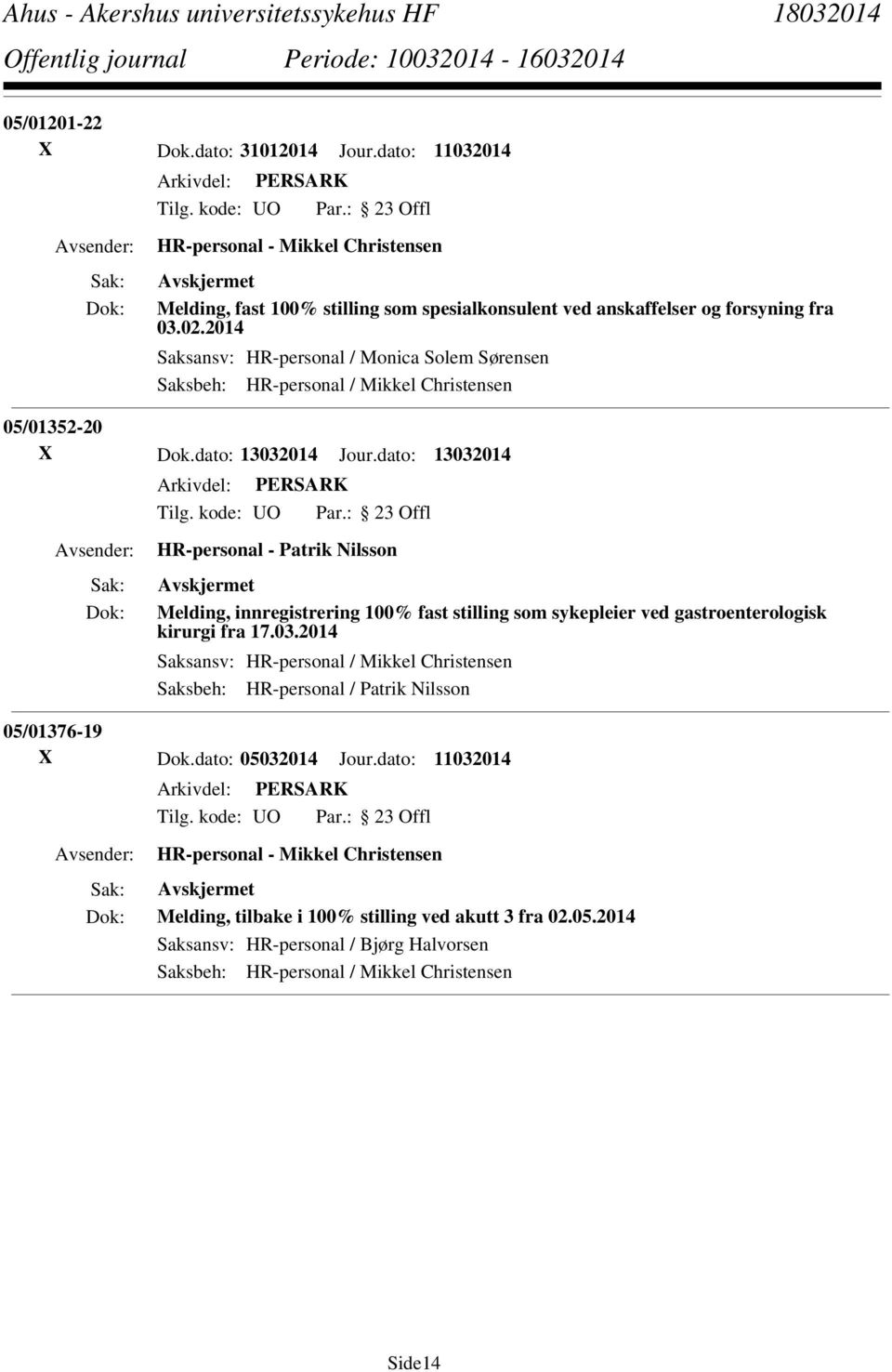 dato: 13032014 HR-personal - Patrik Nilsson Melding, innregistrering 100% fast stilling som sykepleier ved gastroenterologisk kirurgi fra 17.03.2014 Saksansv: HR-personal / Mikkel Christensen Saksbeh: HR-personal / Patrik Nilsson 05/01376-19 X Dok.