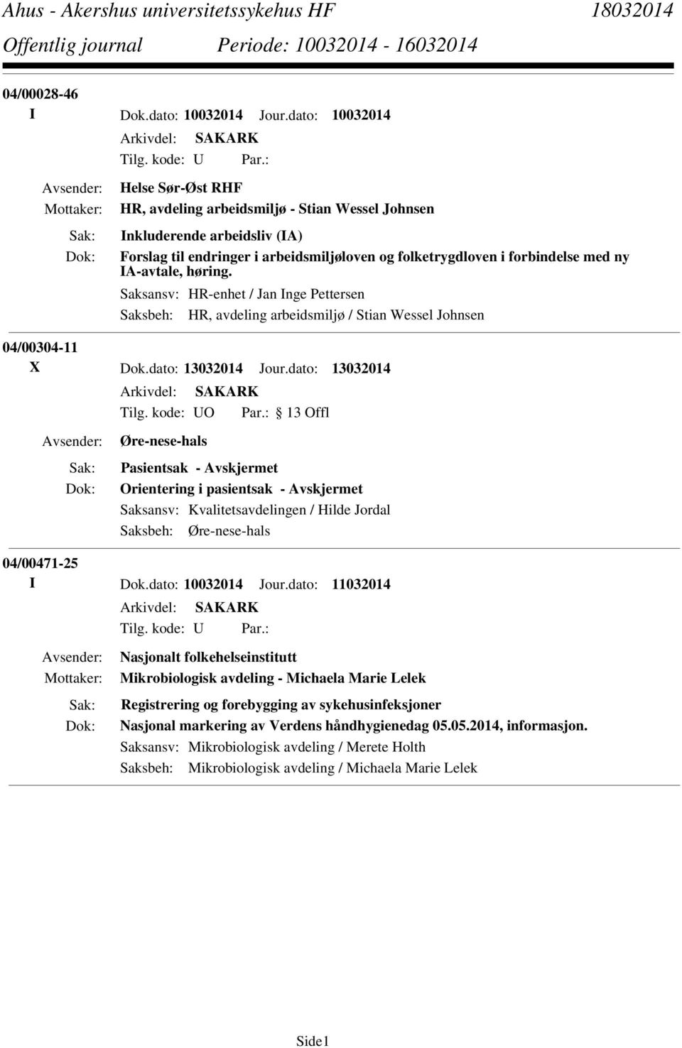 Saksansv: HR-enhet / Jan Inge Pettersen Saksbeh: HR, avdeling arbeidsmiljø / Stian Wessel Johnsen 04/00304-11 X Dok.dato: 13032014 Jour.