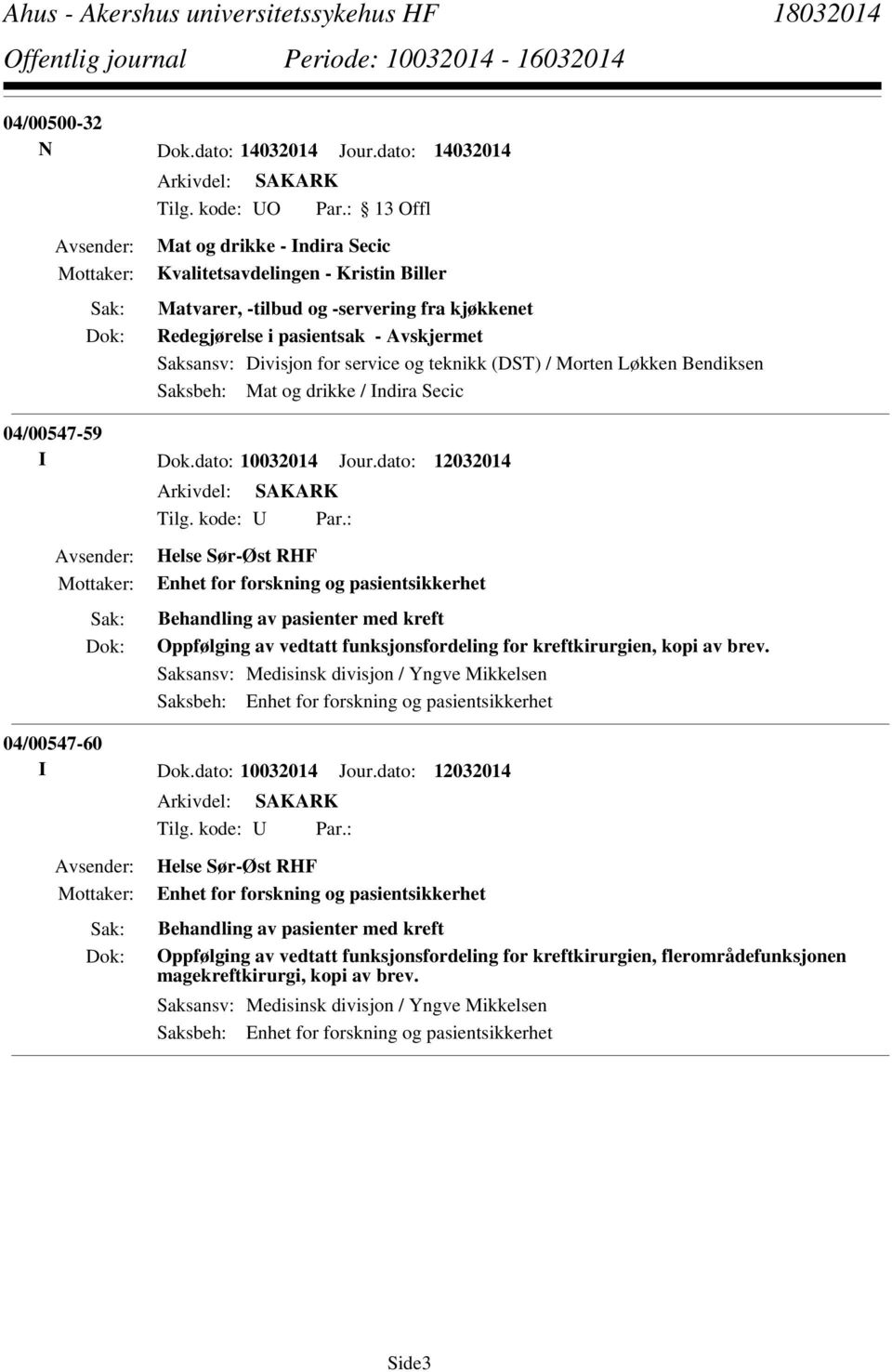 (DST) / Morten Løkken Bendiksen Saksbeh: Mat og drikke / Indira Secic 04/00547-59 I Dok.dato: 10032014 Jour.dato: 12032014 Tilg. kode: U Par.