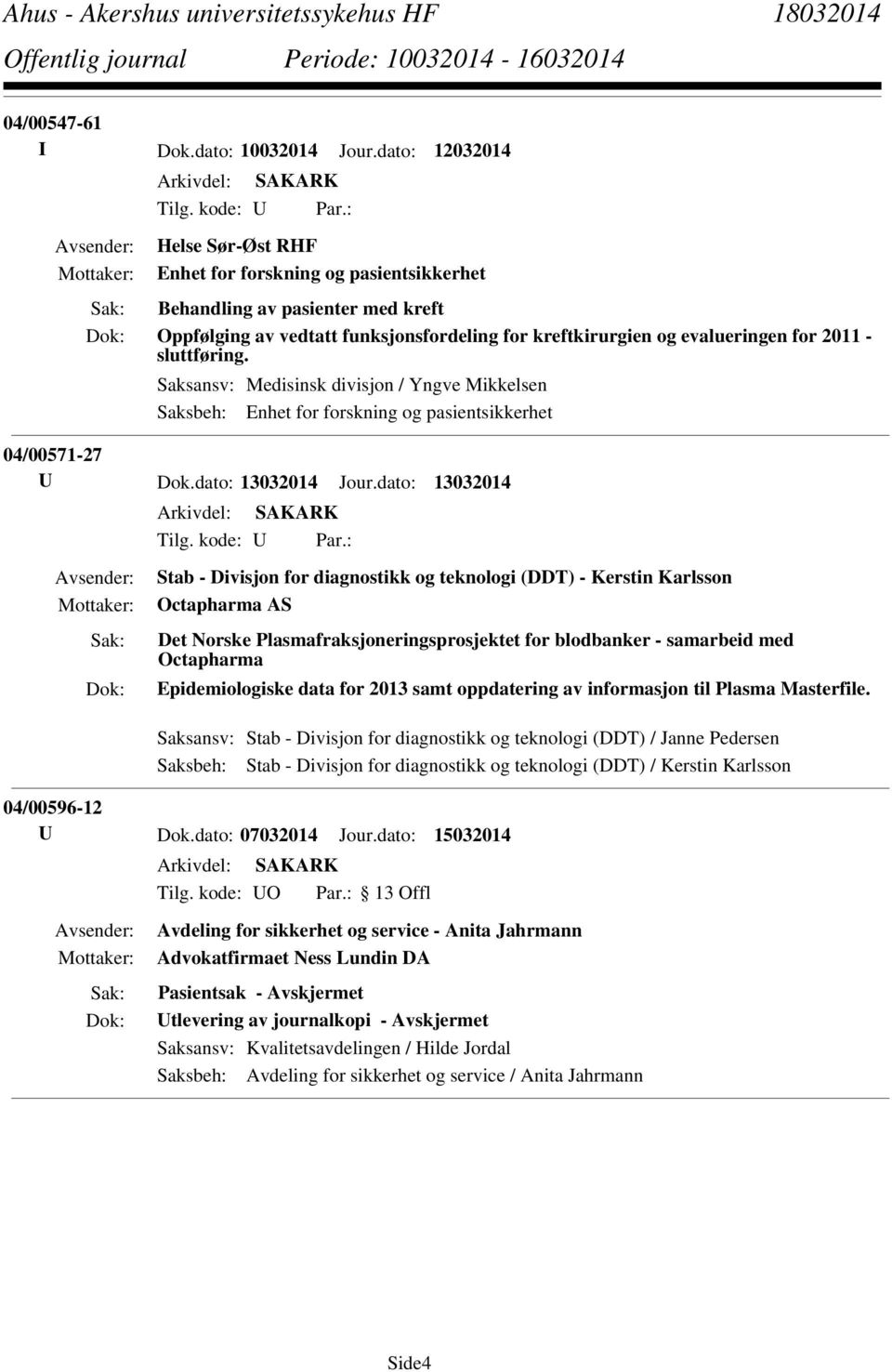 Saksansv: Medisinsk divisjon / Yngve Mikkelsen Saksbeh: Enhet for forskning og pasientsikkerhet 04/00571-27 U Dok.dato: 13032014 Jour.dato: 13032014 Tilg. kode: U Par.