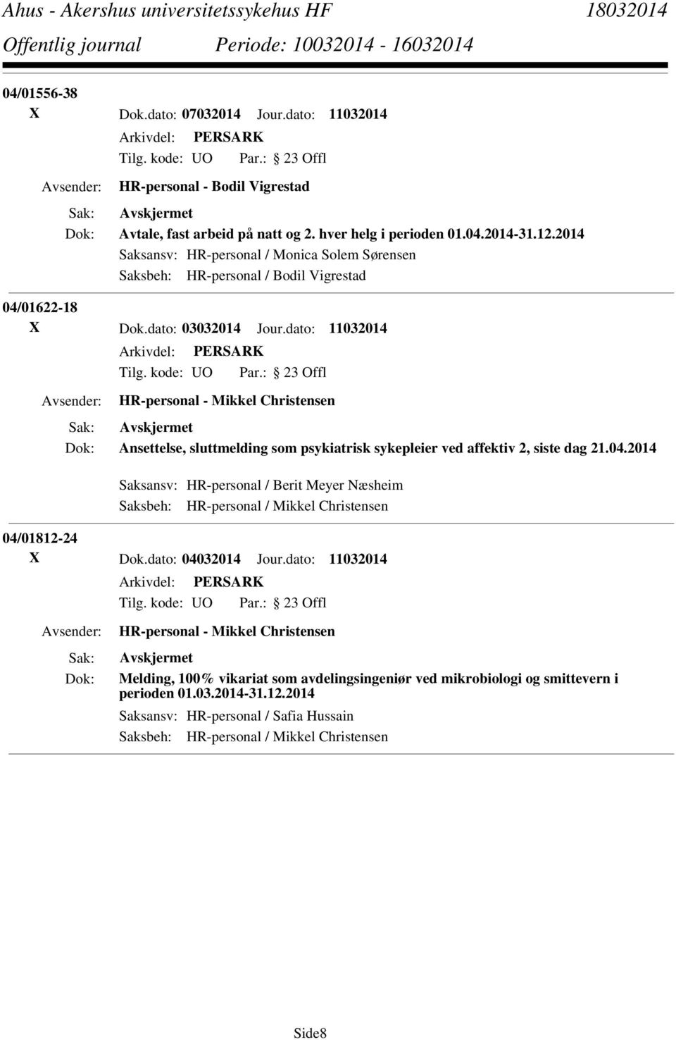 dato: 11032014 Ansettelse, sluttmelding som psykiatrisk sykepleier ved affektiv 2, siste dag 21.04.