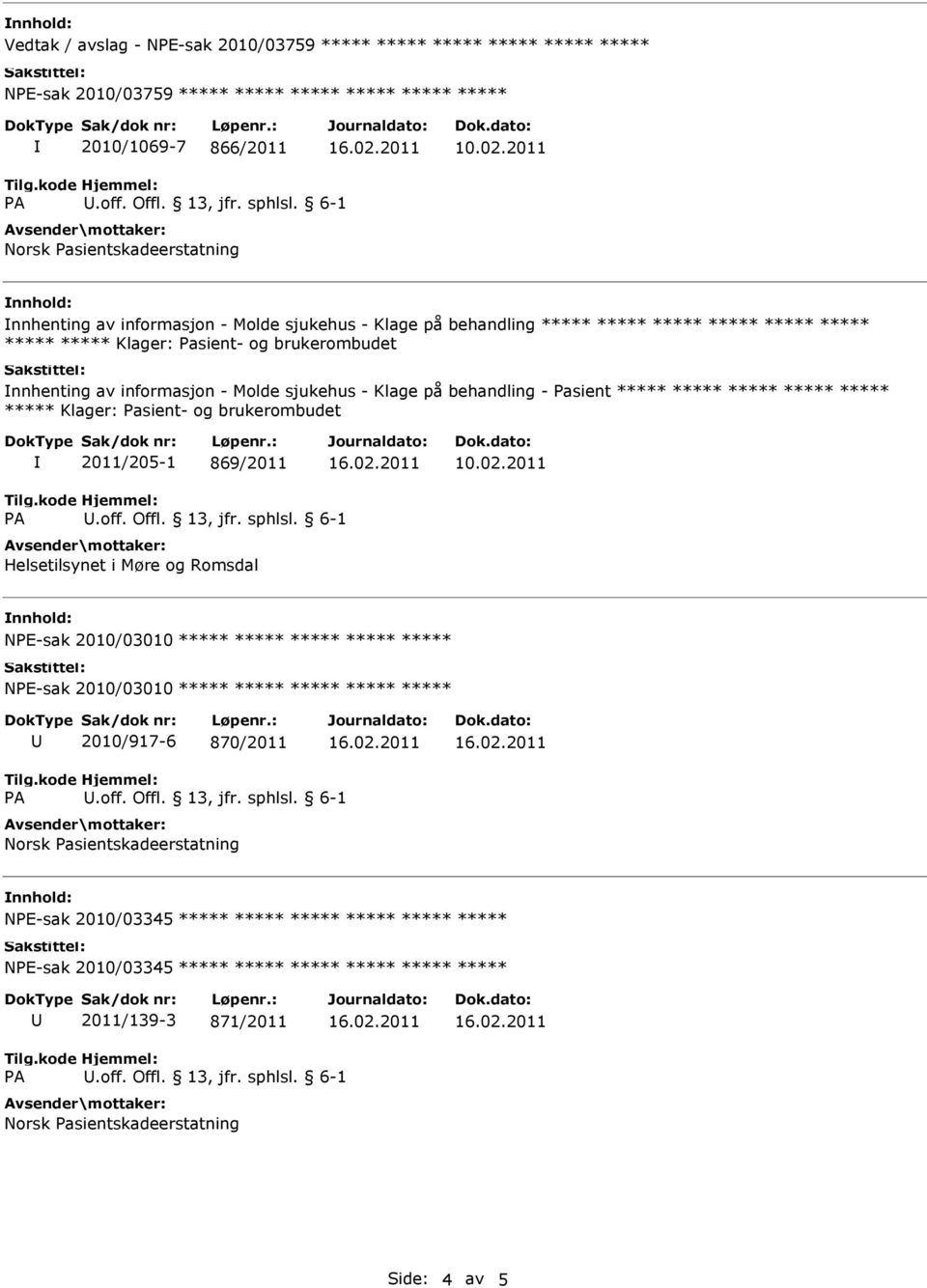 ***** ***** ***** ***** ***** ***** Klager: Pasient- og brukerombudet 2011/205-1 869/2011 Helsetilsynet i Møre og Romsdal NPE-sak 2010/03010 ***** ***** ***** ***** ***** NPE-sak