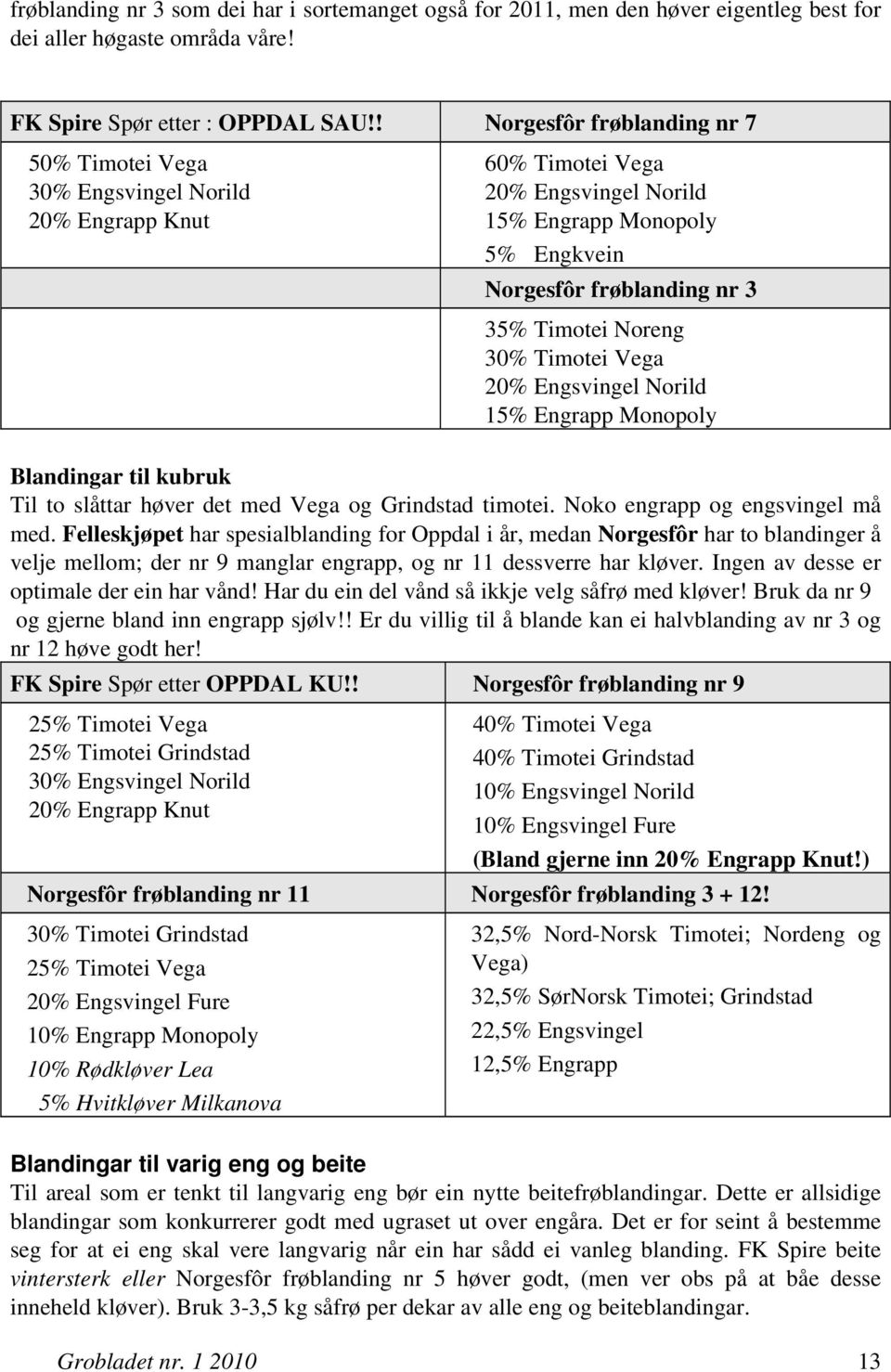 Noreng 30% Timotei Vega 20% Engsvingel Norild 15% Engrapp Monopoly Blandingar til kubruk Til to slåttar høver det med Vega og Grindstad timotei. Noko engrapp og engsvingel må med.