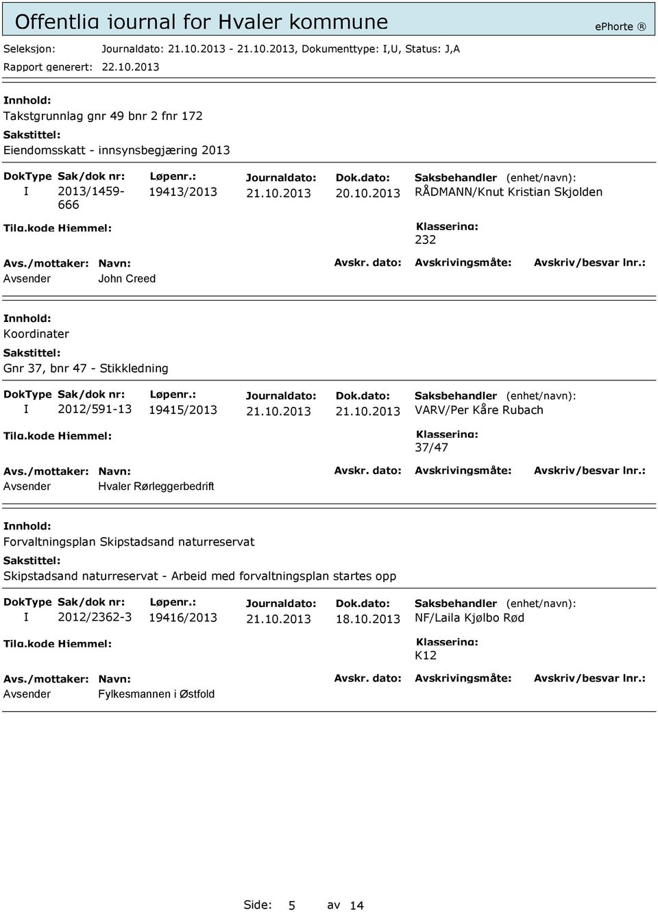 2013 RÅDMANN/Knut Kristian Skjolden 232 Avsender John Creed Koordinater Gnr 37, bnr 47 - Stikkledning 2012/591-13 19415/2013 VARV/Per