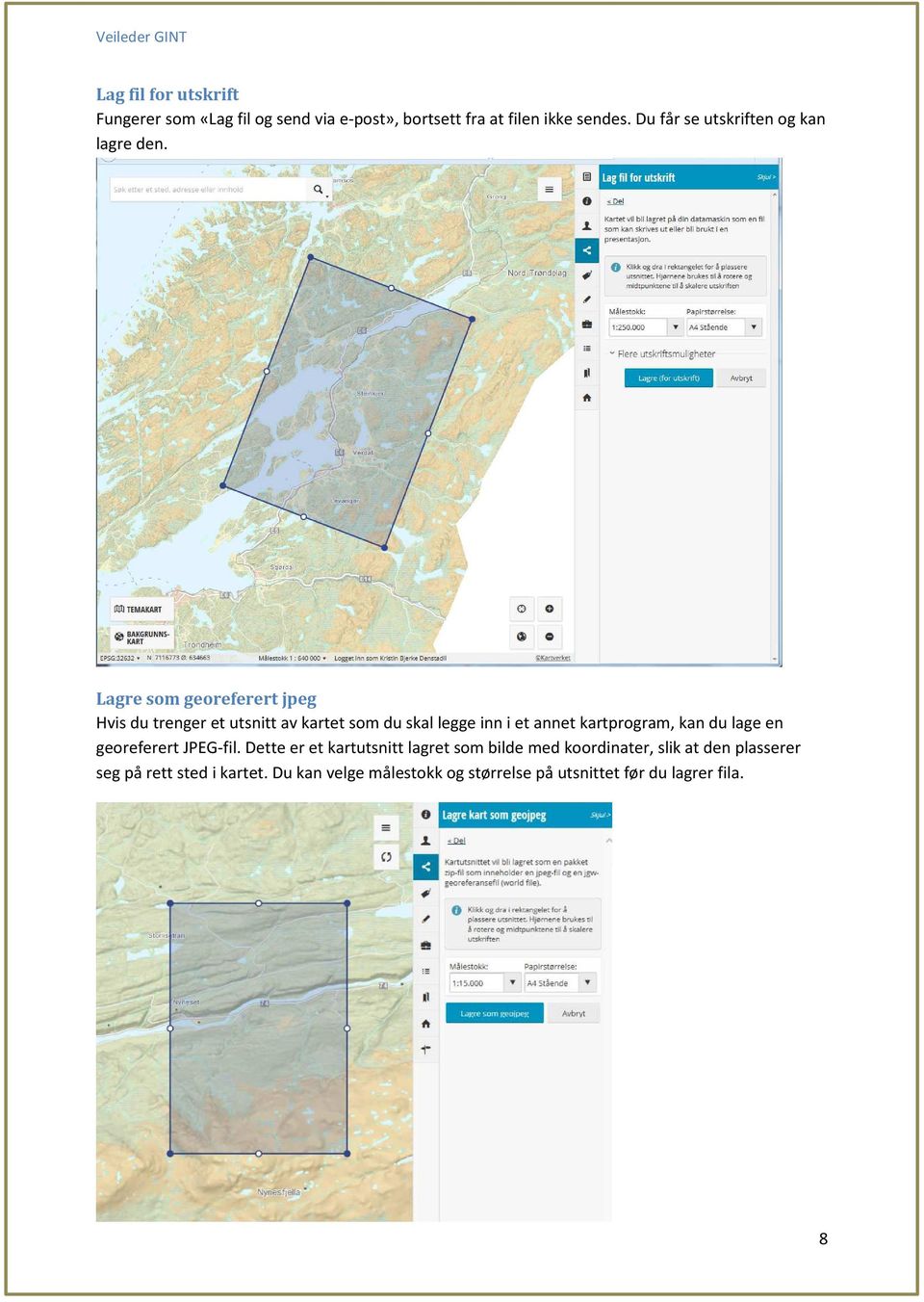 Lagre som georeferert jpeg Hvis du trenger et utsnitt av kartet som du skal legge inn i et annet kartprogram, kan