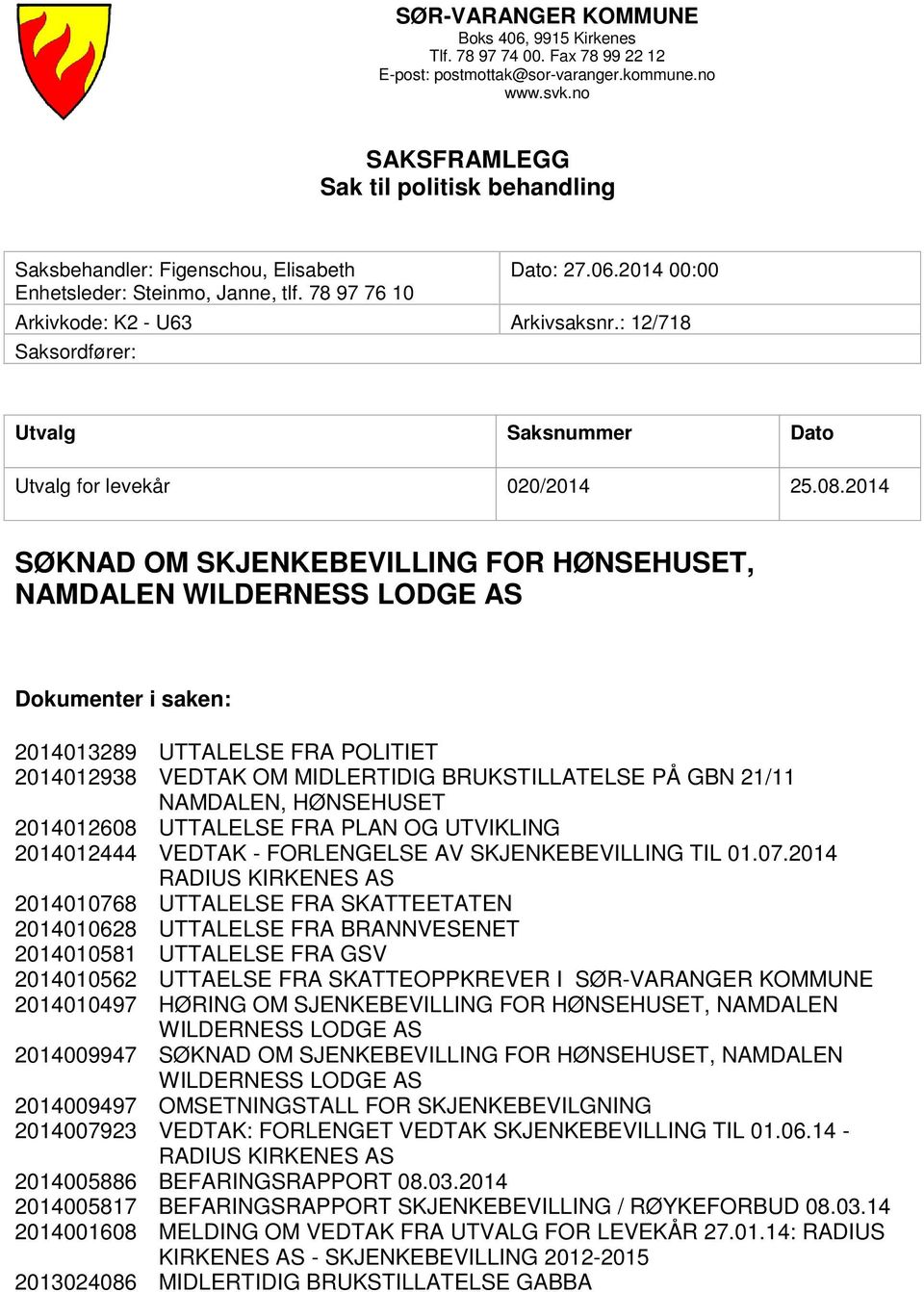 : 12/718 Saksordfører: Utvalg Saksnummer Dato Utvalg for levekår 020/2014 25.08.