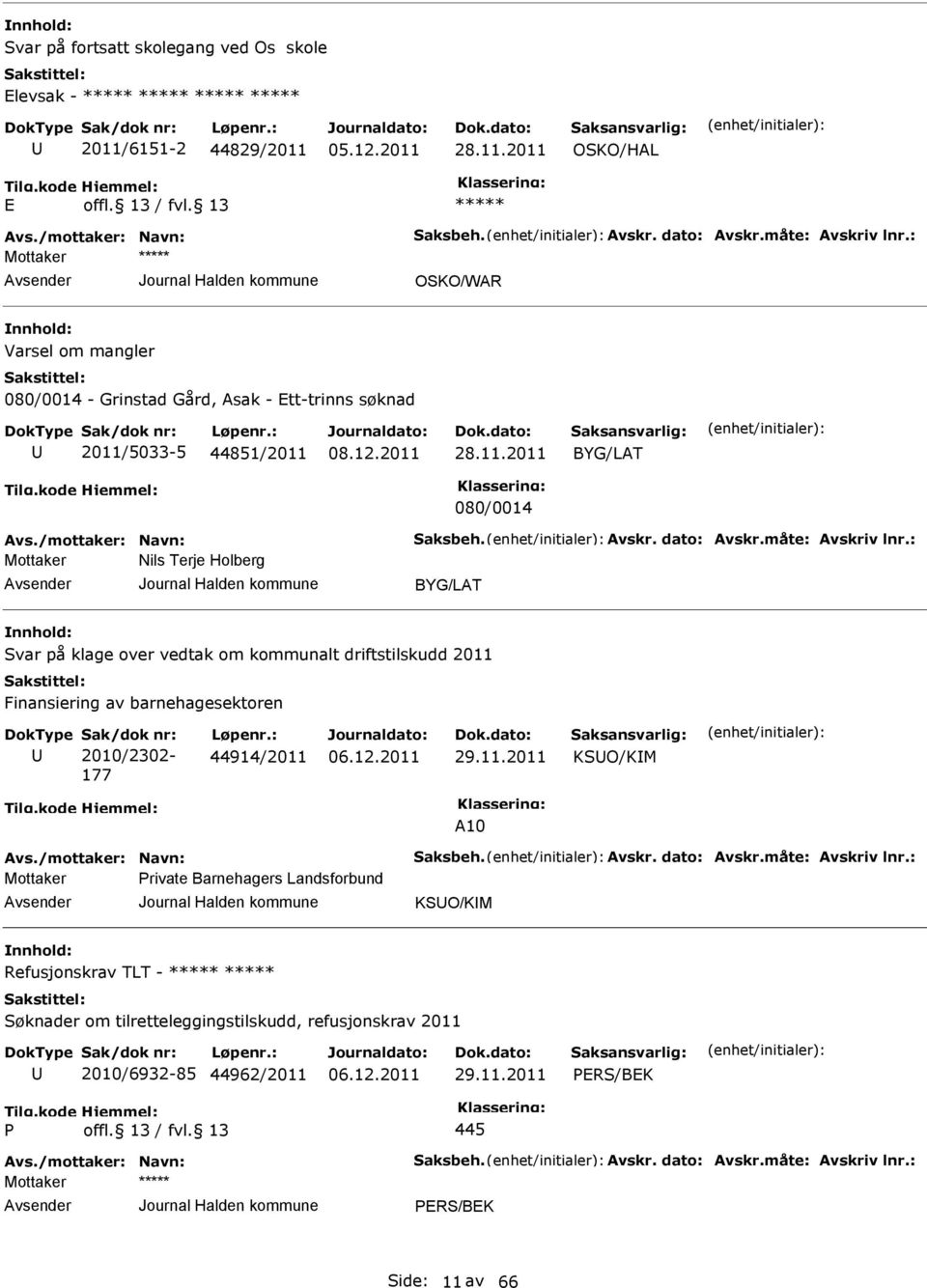 : Nils Terje Holberg BYG/LAT Svar på klage over vedtak om kommunalt driftstilskudd 2011 Finansiering av barnehagesektoren Sak/dok nr: 2010/2302-177 Løpenr.: 44914/2011 29.11.2011 KSO/KIM A10 Avs.