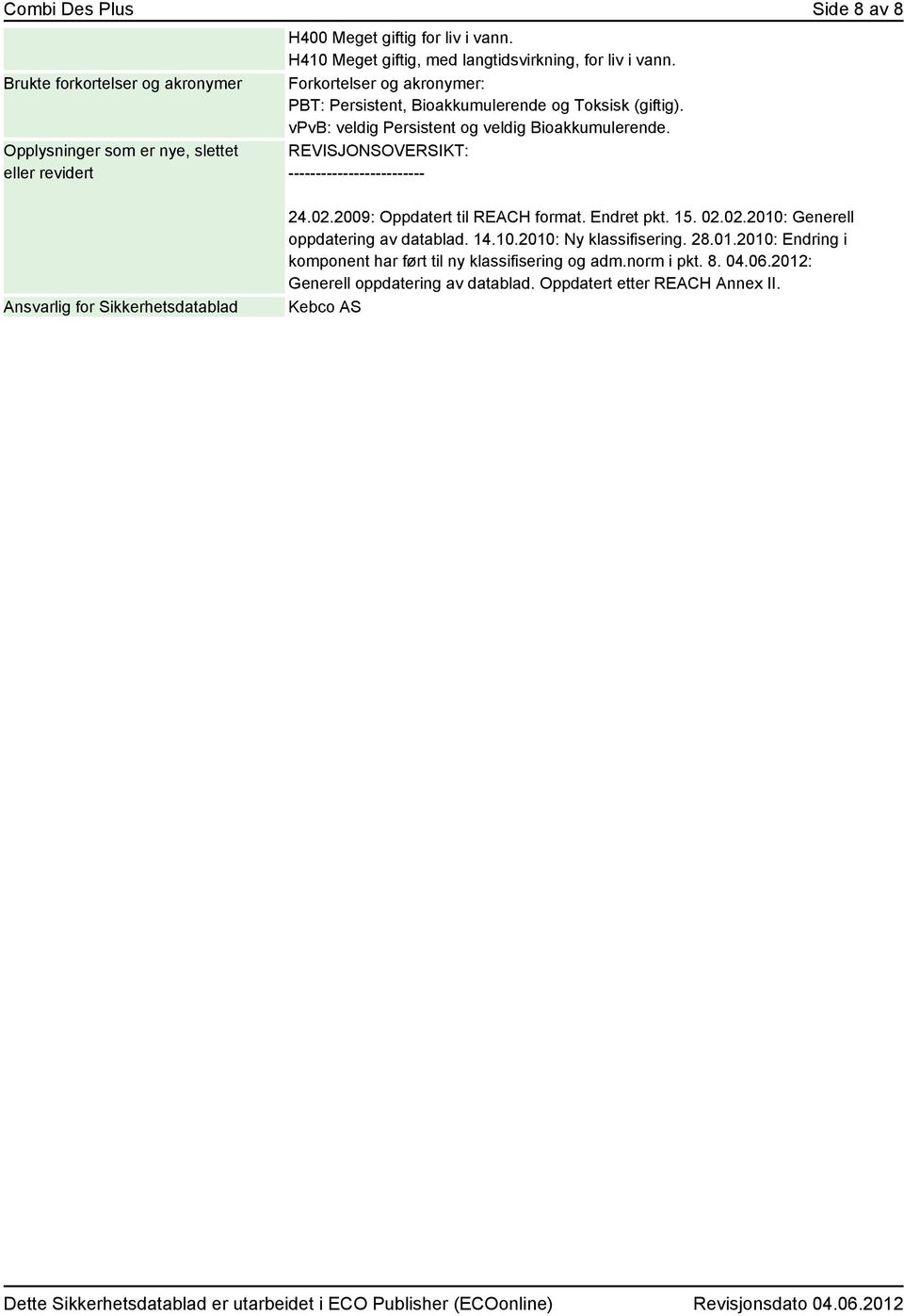 vpvb: veldig Persistent og veldig Bioakkumulerende. REVISJONSOVERSIKT: ------------------------- Ansvarlig for Sikkerhetsdatablad 24.02.2009: Oppdatert til REACH format.