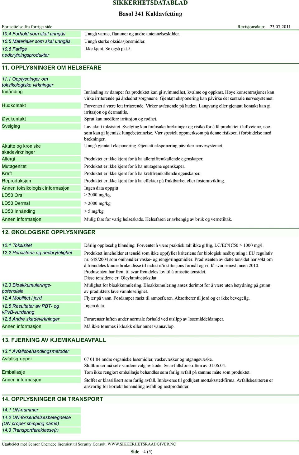 1 Opplysninger om toksikologiske virkninger Innånding Hudkontakt Øyekontakt Svelging Akutte og kroniske skadevirkninger Allergi Mutagenitet Kreft Reproduksjon Annen toksikologisk informasjon LD50