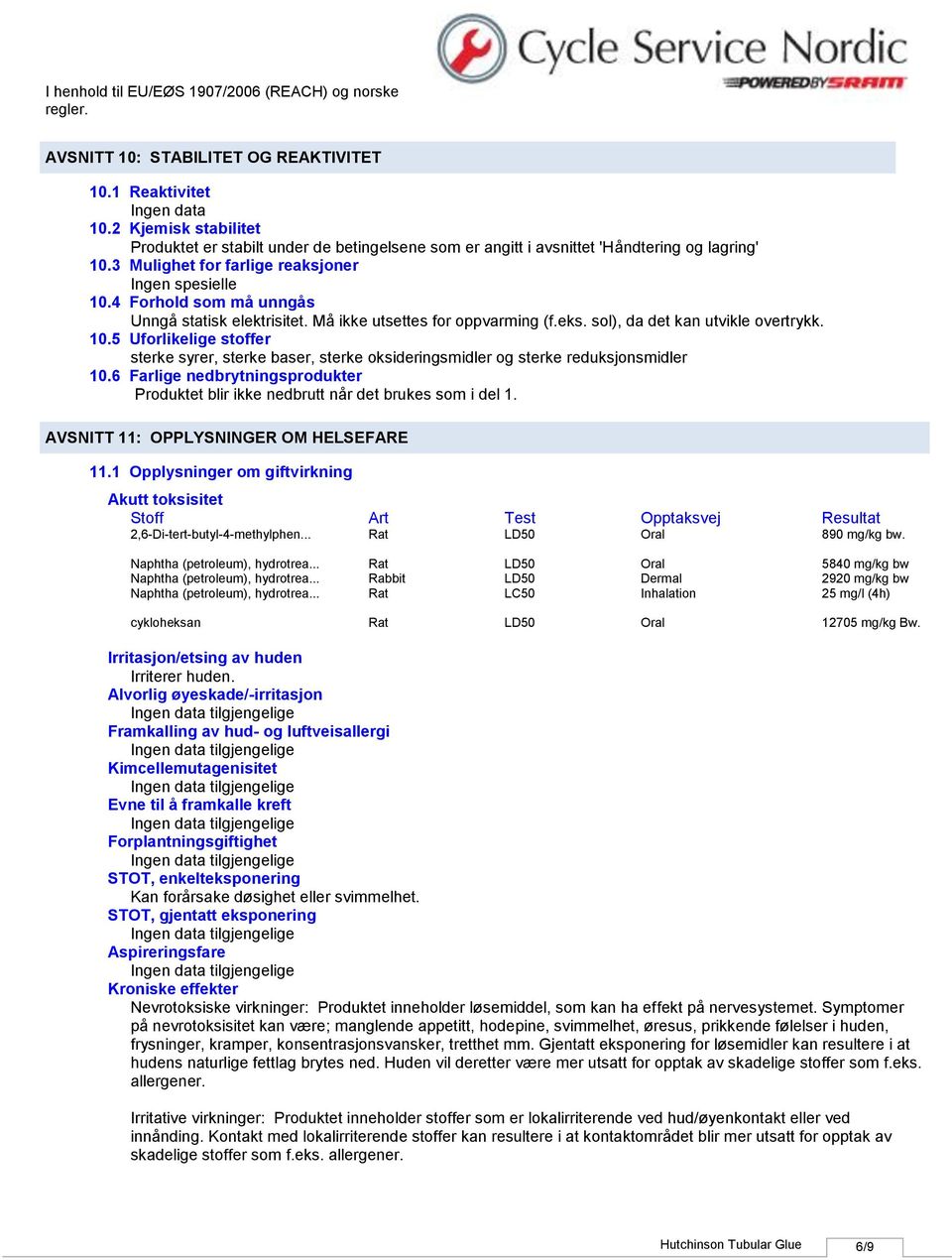 6 Farlige nedbrytningsprodukter Produktet blir ikke nedbrutt når det brukes som i del 1. AVSNITT 11: OPPLYSNINGER OM HELSEFARE 11.