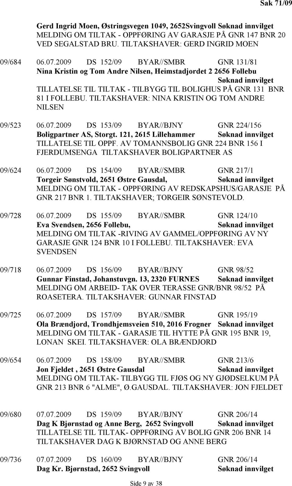 TILTAKSHAVER: NINA KRISTIN OG TOM ANDRE NILSEN 09/523 06.07.2009 DS 153/09 BYAR//BJNY GNR 224/156 Boligpartner AS, Storgt. 121, 2615 Lillehammer TILLATELSE TIL OPPF.