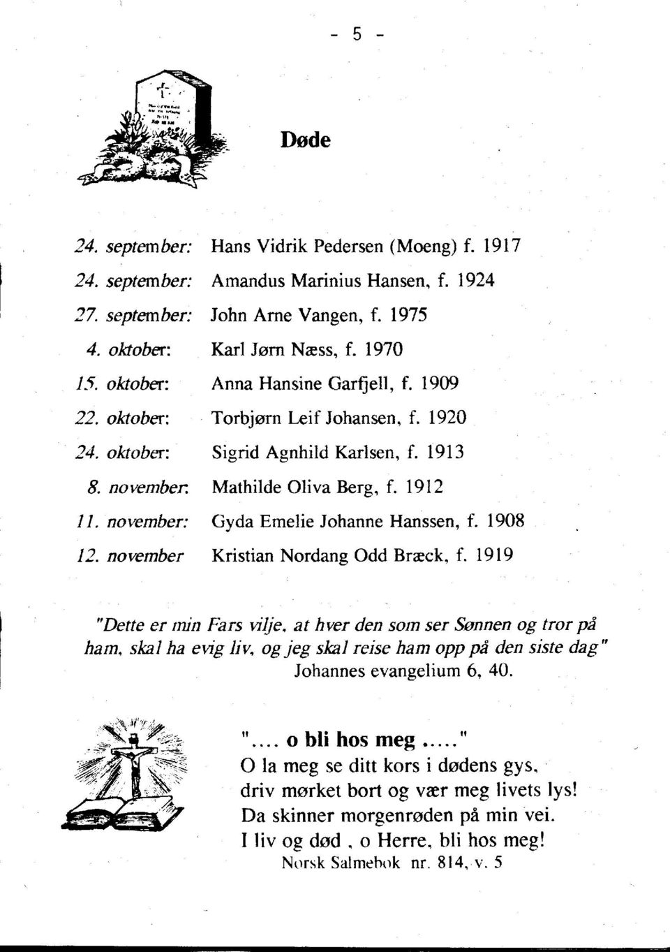 november: Gyda Emelie Johanne Hanssen, f. 1908 12. november Kristian Nordang Odd Bneck, f. 1919 "Dette er min Fars vilje. at hver den som ser Sonnen og tror pa ham.