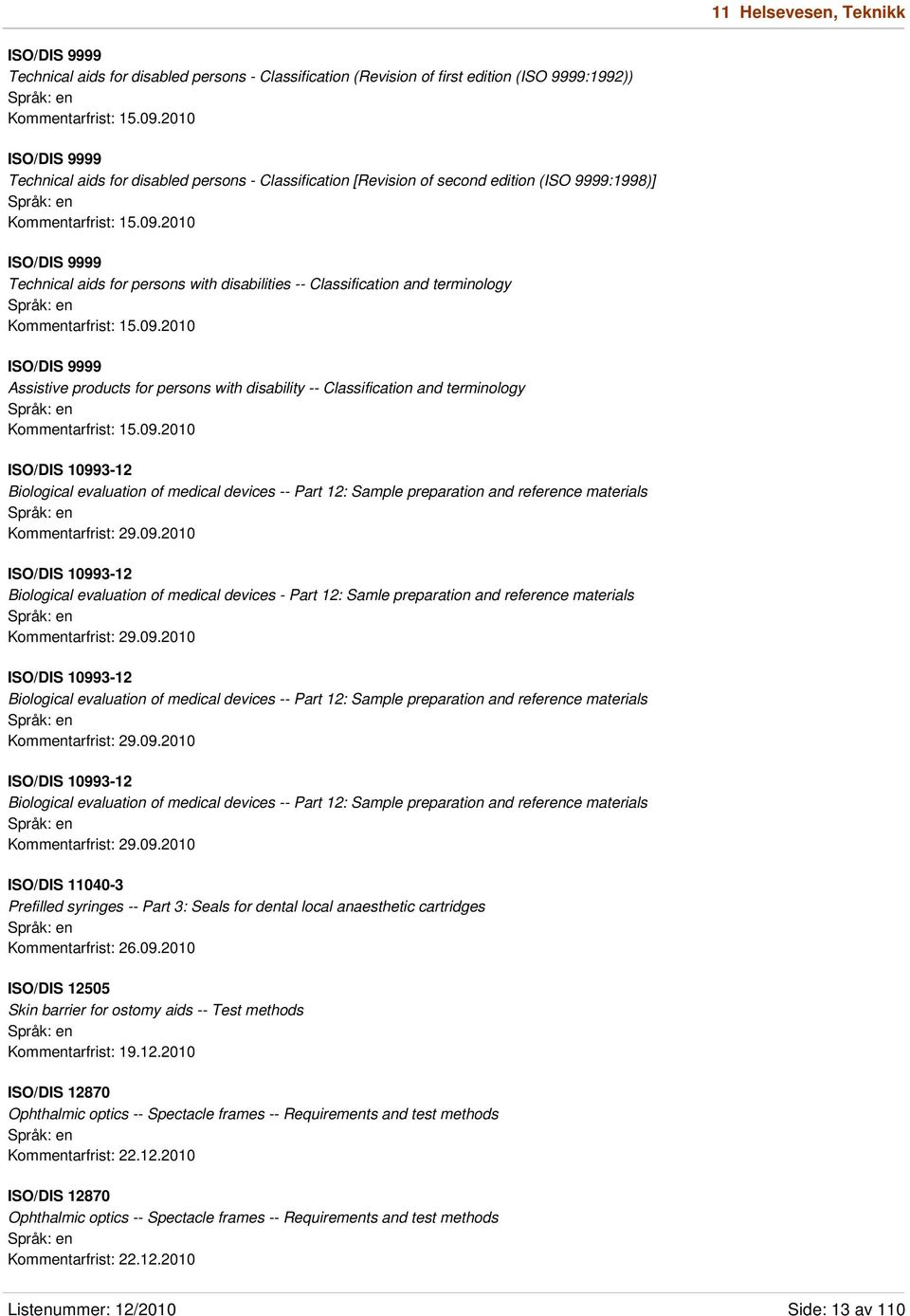 2010 ISO/DIS 9999 Technical aids for persons with disabilities -- Classification and terminology Kommentarfrist: 15.09.