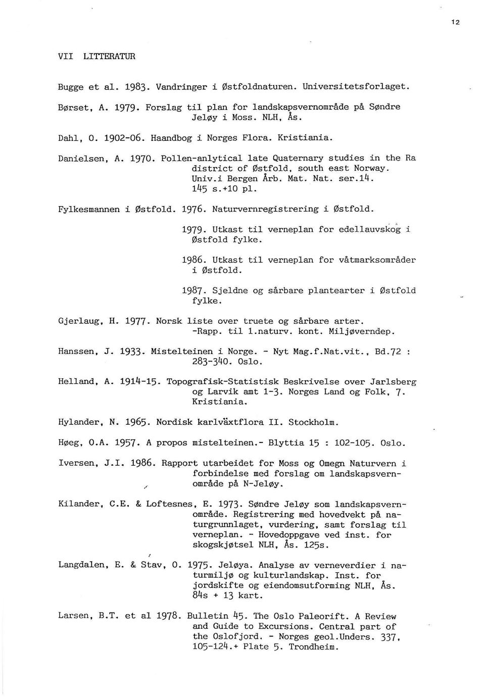 Fykesmannen i Østfod. 1976. Naturvernregistrering i Østfod. 1979. Utkast ti vernepan for edeauvskog i Østfod fyke. 1986. Utkast ti vernepan for våtmarksområder i Østfod. 1987.