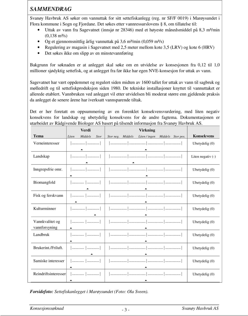 3,6 m³/min (0,059 m³/s) Regulering av magasin i Sagevatnet med 2,5 meter mellom kote 3,5 (LRV) og kote 6 (HRV) Det søkes ikke om slipp av en minstevannføring Bakgrunn for søknaden er at anlegget skal