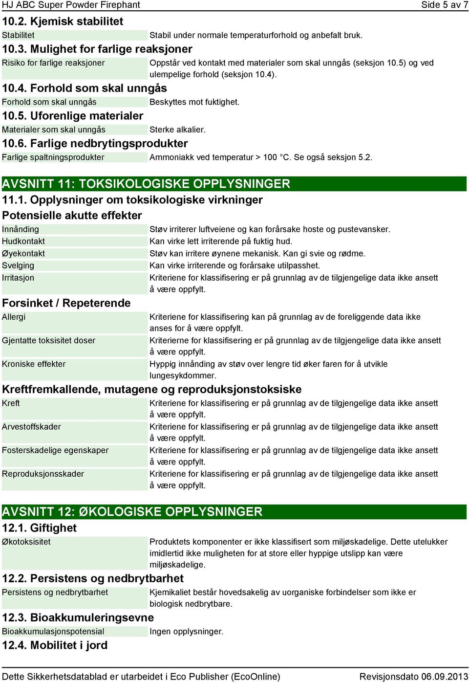 5) og ved ulempelige forhold (seksjon 10.4). 10.4. Forhold som skal unngås Forhold som skal unngås Beskyttes mot fuktighet. 10.5. Uforenlige materialer Materialer som skal unngås Sterke alkalier. 10.6.