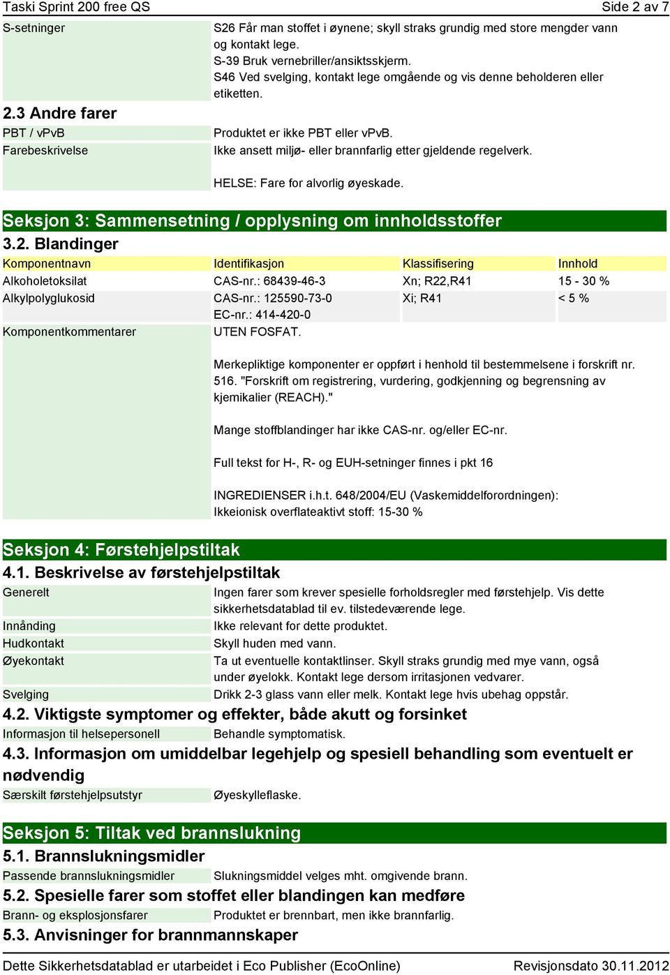 Ikke ansett miljø- eller brannfarlig etter gjeldende regelverk. HELSE: Fare for alvorlig øyeskade. Seksjon 3: Sammensetning / opplysning om innholdsstoffer 3.2.