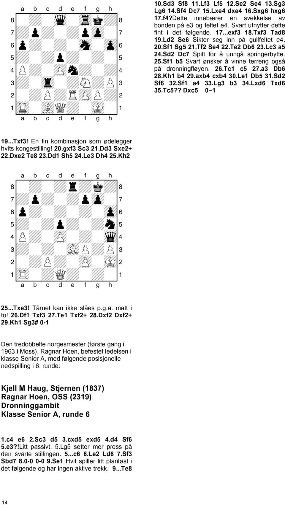 Tf2 Se4 22.Te2 Db6 23.Lc3 a5 24.Sd2 Dc7 Spilt for å unngå springerbytte. 25.Sf1 b5 Svart ønsker å vinne terreng også på dronningfløyen. 26.Tc1 c5 27.a3 Db6 28.Kh1 b4 29.axb4 cxb4 30.Le1 Db5 31.