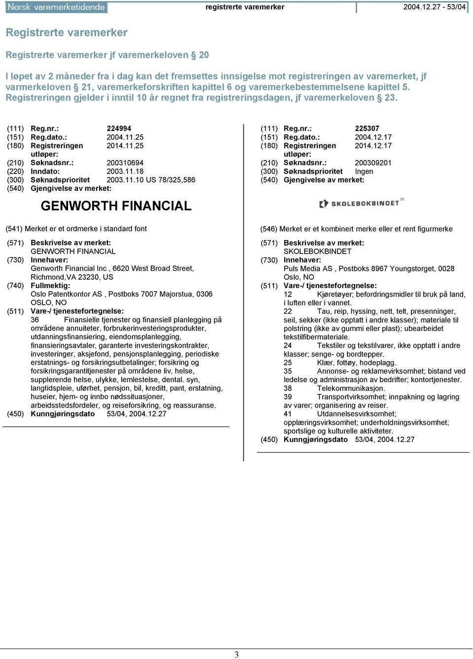 varemerkeforskriften kapittel 6 og varemerkebestemmelsene kapittel 5. Registreringen gjelder i inntil 10 år regnet fra registreringsdagen, jf varemerkeloven 23. (111) Reg.nr.: 224994 (151) Reg.dato.